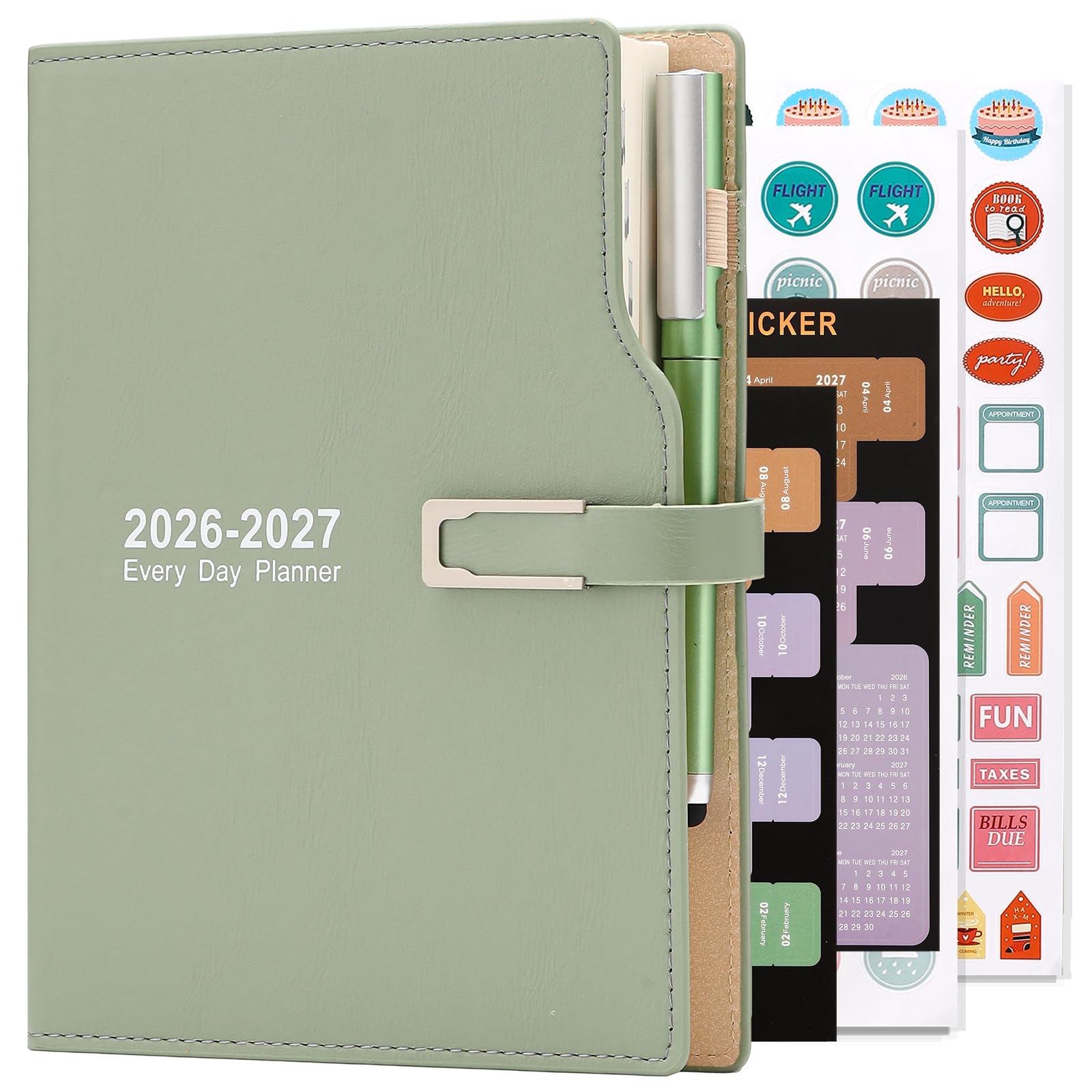 Academic Diary 2026-2027,from Jul 2026-Jun 2027 A5 Day to Page,Schedule Organizer with Calendar Stickers, Agenda Diary Planner with Pen Holder and Pen,Premium Thicker Paper 14 X 21.5 cm (Green) — image 1