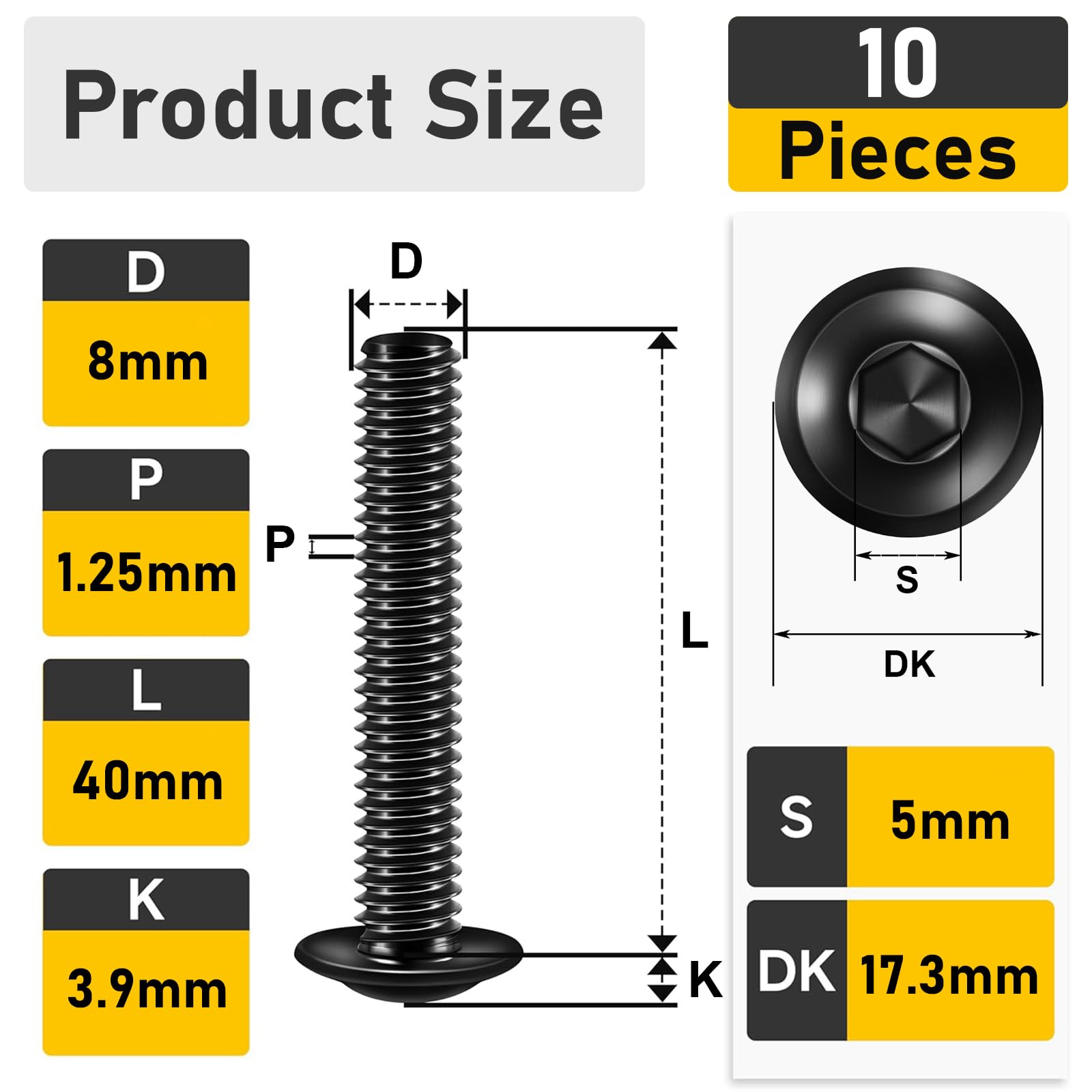 Valorada M8 Bolts, M8 x 40mm Flanged Button Head Screws Allen Socket Bolts Stainless Steel 304 Black Finish with Hex Spanner Pack of 10 - Image 2