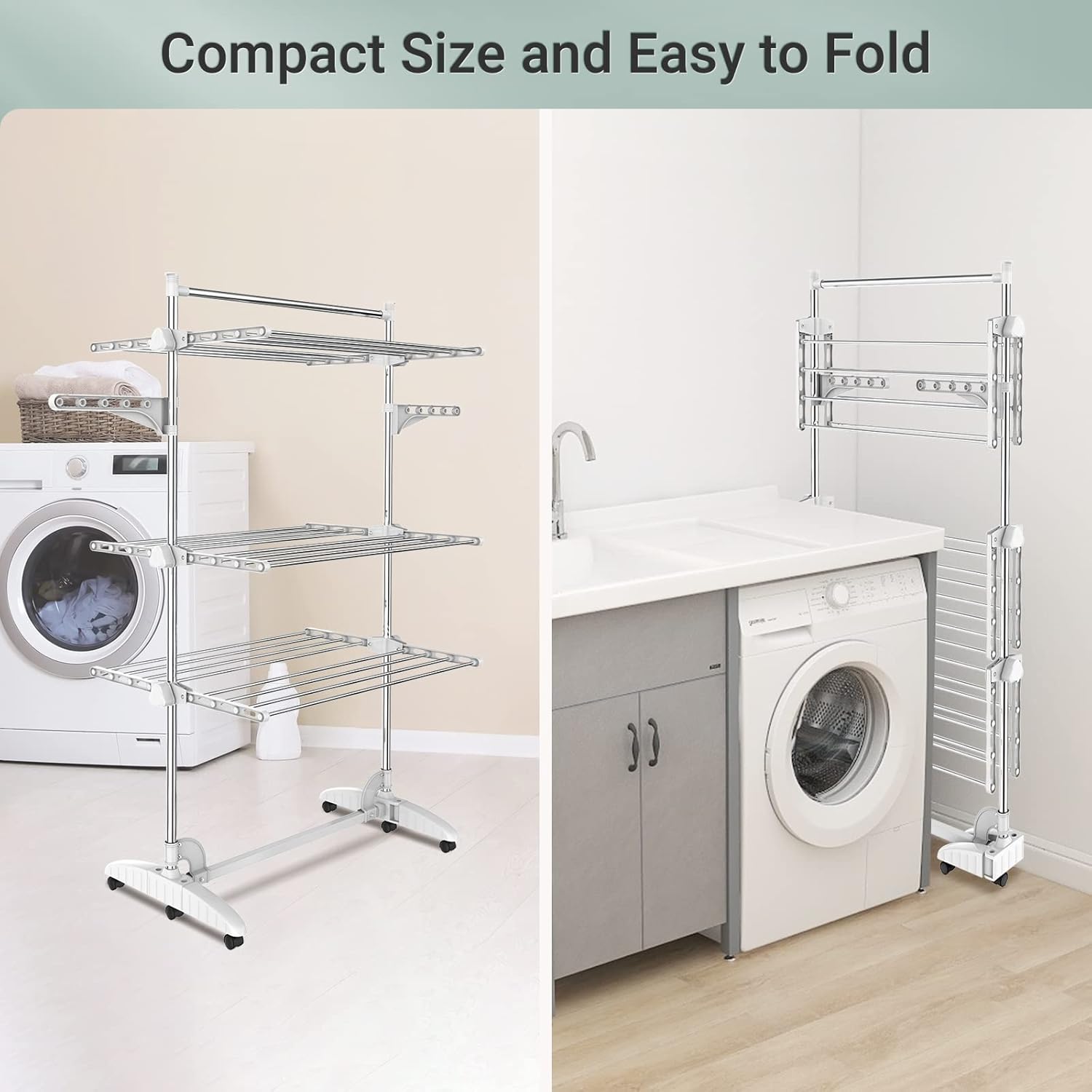 Todeco - Laundry Drying Rack, Clothes Airer - Material: Stainless steel tubes - Maximum load: 6.7 lbs per support bar - 3 shelves, White, with wings and top bar