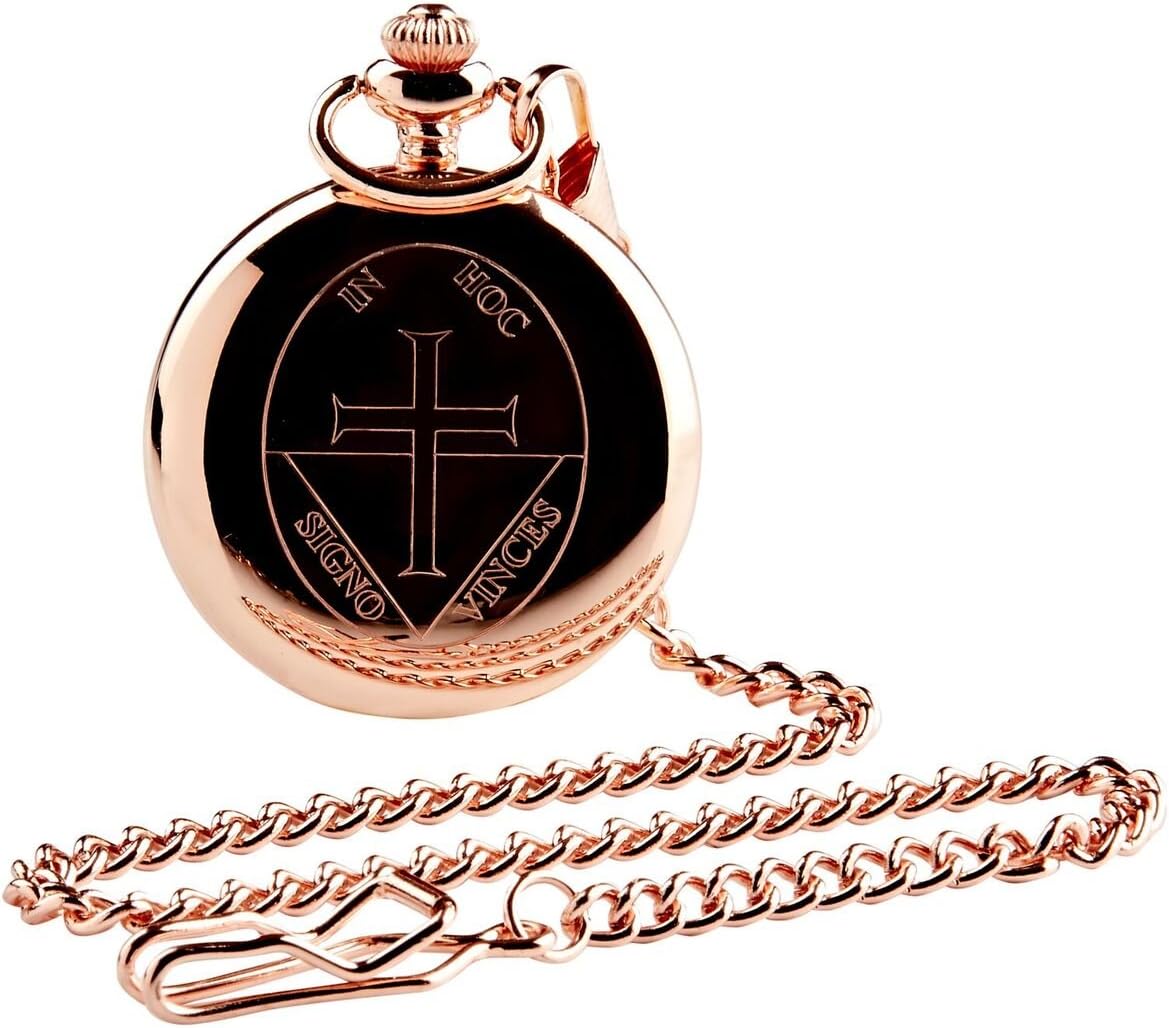 TLVKnights Templar Cross 18 Carat Rose Gold Plated Pocket Watch with Chain Masonic Templars Gift Case