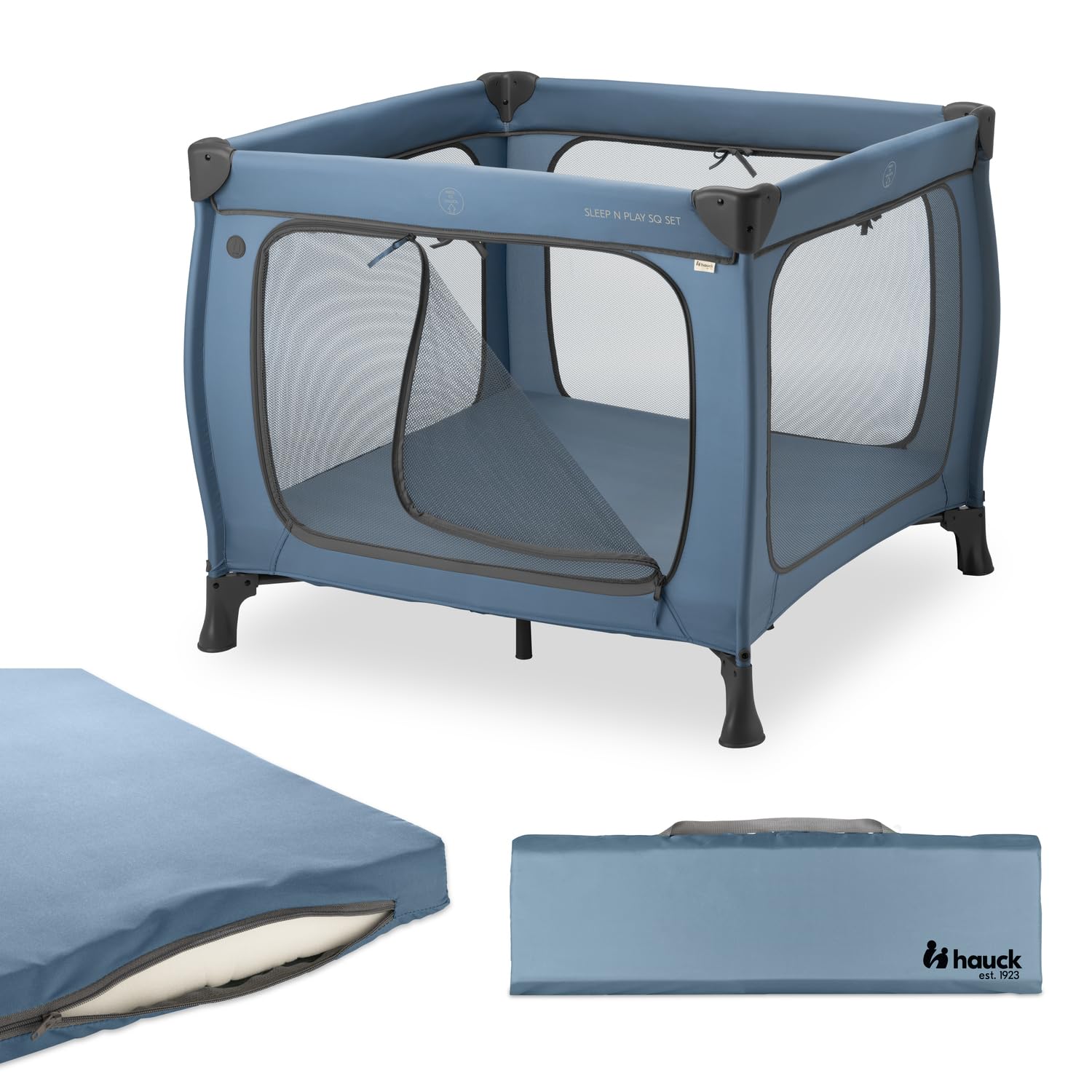 hauck Sleep N Play SQ Set de Cuna de Viaje y Parque Infantil Bebe - Cuna Gemelar con Colchón desde el Nacimiento, Corralito XL Plegable, Parques Infantiles Bolsa de Transporte Incluida - Azul