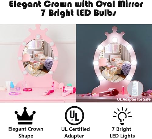 Miniatura 4 de Vabches Juego de mesa y silla para niños, escritorio de tocador para niñas con espejo y luces, tocador de maquillaje con cajón de almacenamiento