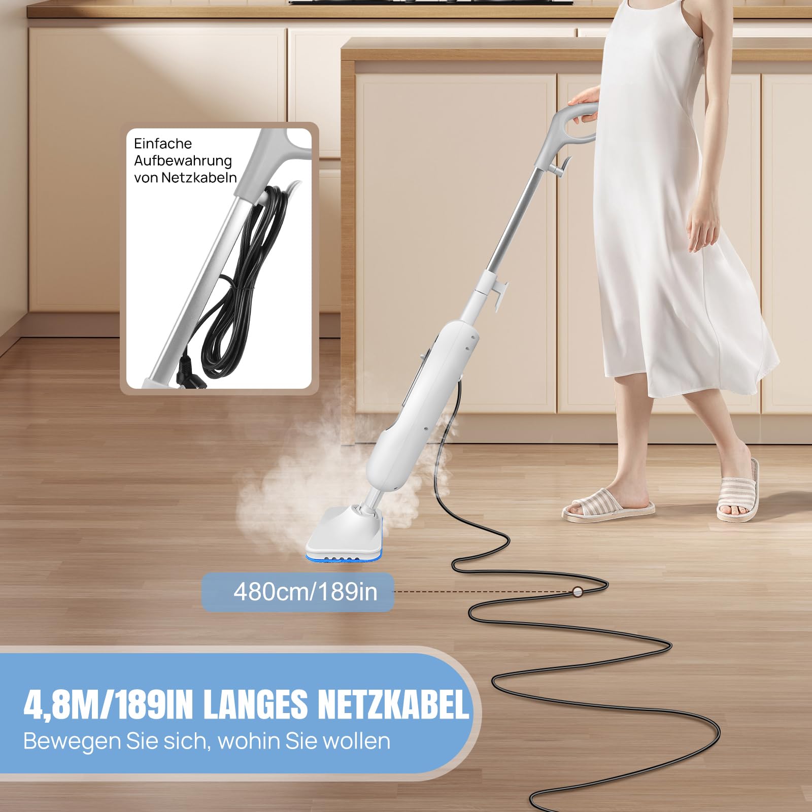 Qimu Dampfreiniger 1500W Dampfbesen Bodendampfreiniger Hand-dampfreiniger bis 108°C für Tiefenreinigung Böden Elektrischer Bodenwischer mit Wassertank 400ML, Entfernt bis zu 99,9% der Bakterien