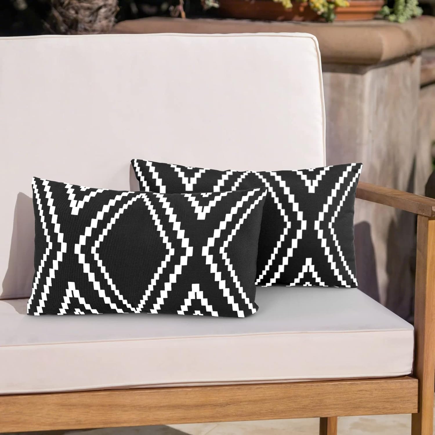Yaofavo Outdoor Pillow Covers Set of 2, Waterproof Boho Throw Pillow Covers Geometric Pillow Cases for Patio Garden, 12 X 20 Inches, White More (Black