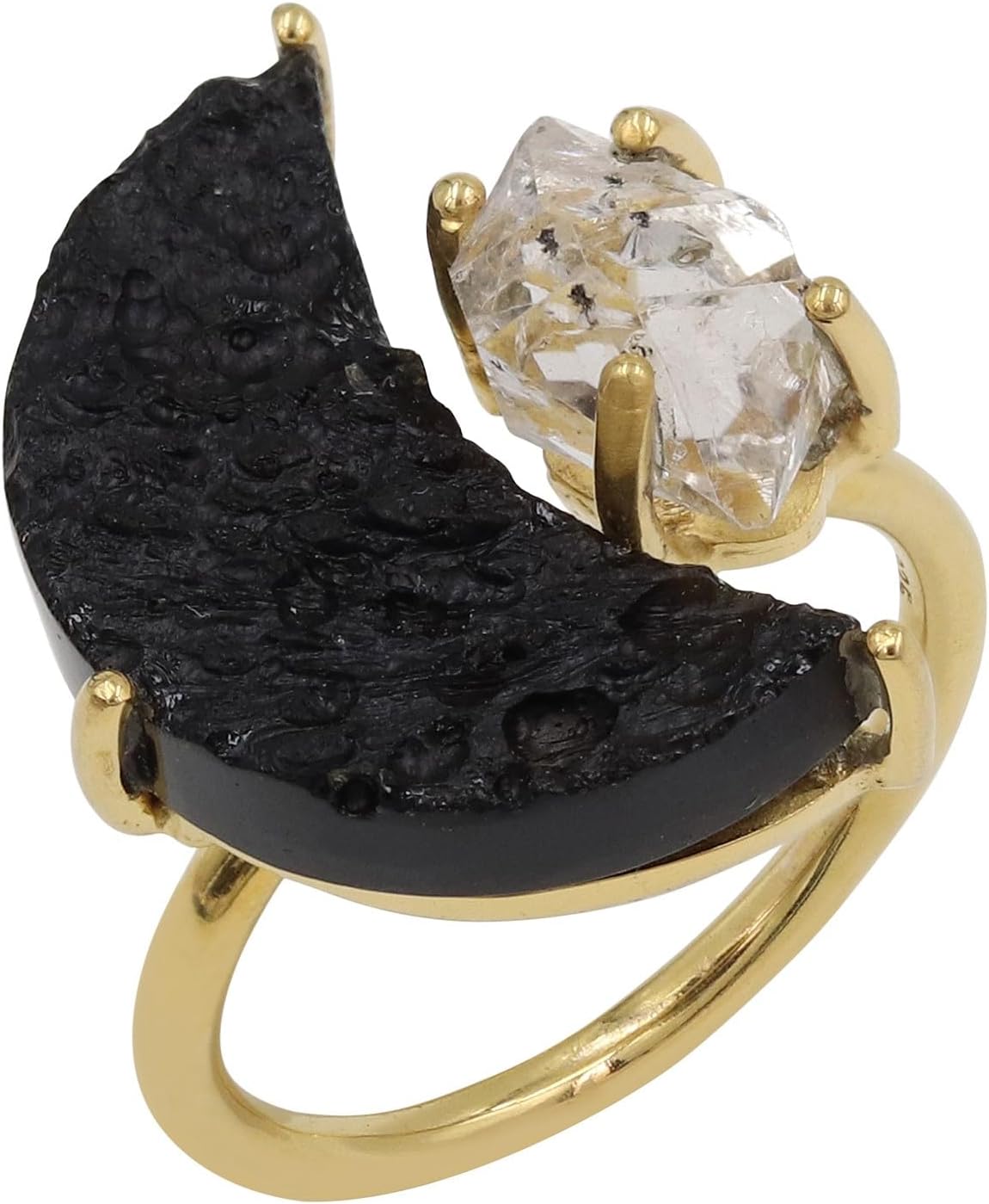 18K Gold Plated Silver & 925 Silver Herkimer & Tektite Ring – Handmade Raw Gemstone Jewelry