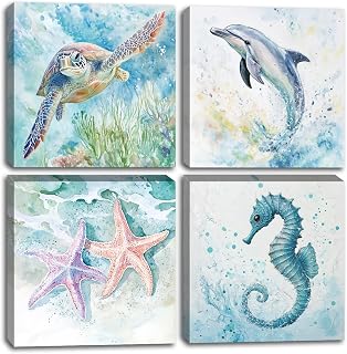 Ocean Wall Art Bathroom Decor Sea Turtle Prints Dolphin Pictures Starfish Poster Seahorse Paintings Beach Theme 4 Pieces Framed Decor(Sea-3,12L x 12W x 4Pcs)