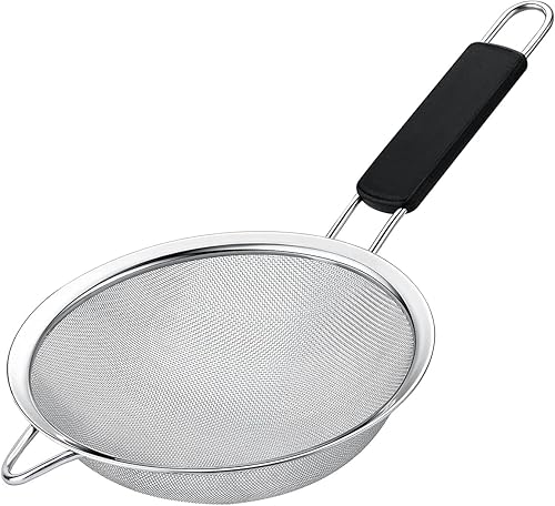 Colador de malla fina con mango de goma termoplástica – Tamiz de malla fina de acero inoxidable – Ideal para tamizar harina, azúcar glaseado, frutas