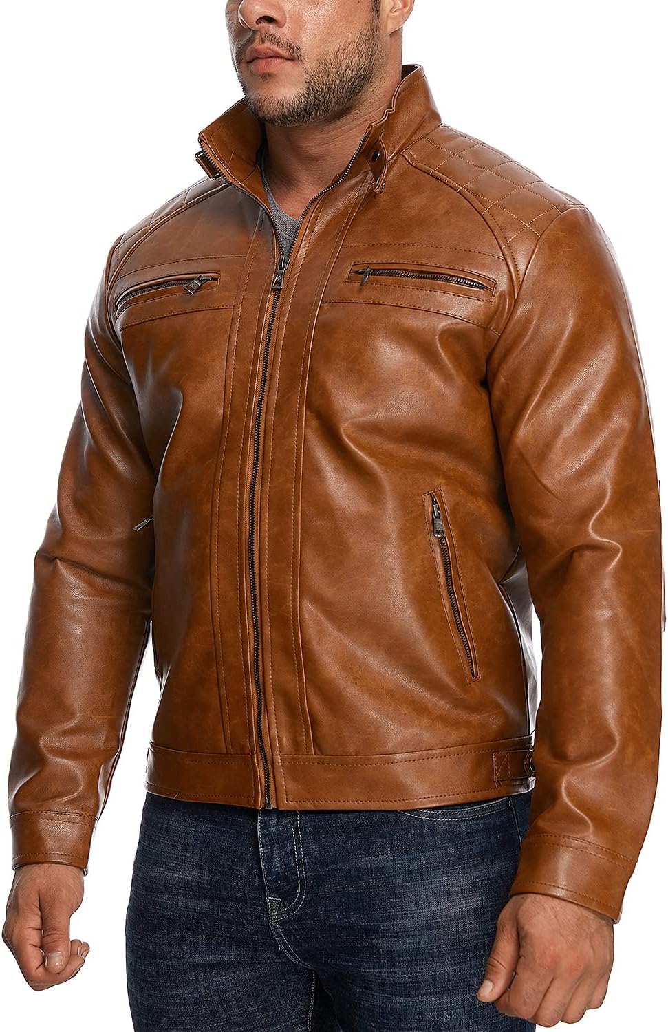 HOOD CREW Men’s Stand Collar Leather Jacket Casual Faux Leather Motorcycle Jacket Outerwear Coat with Zipper Pockets - Image 3