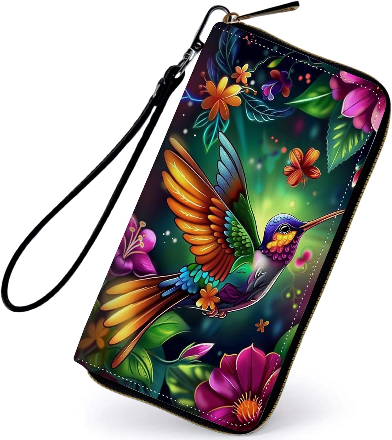 Women's Wallets,PU Leather Wristlet Wallet for Women,Card Holder Organizer Ladies Clutch with Zipper & Phone Holder-Purple Hummingbird