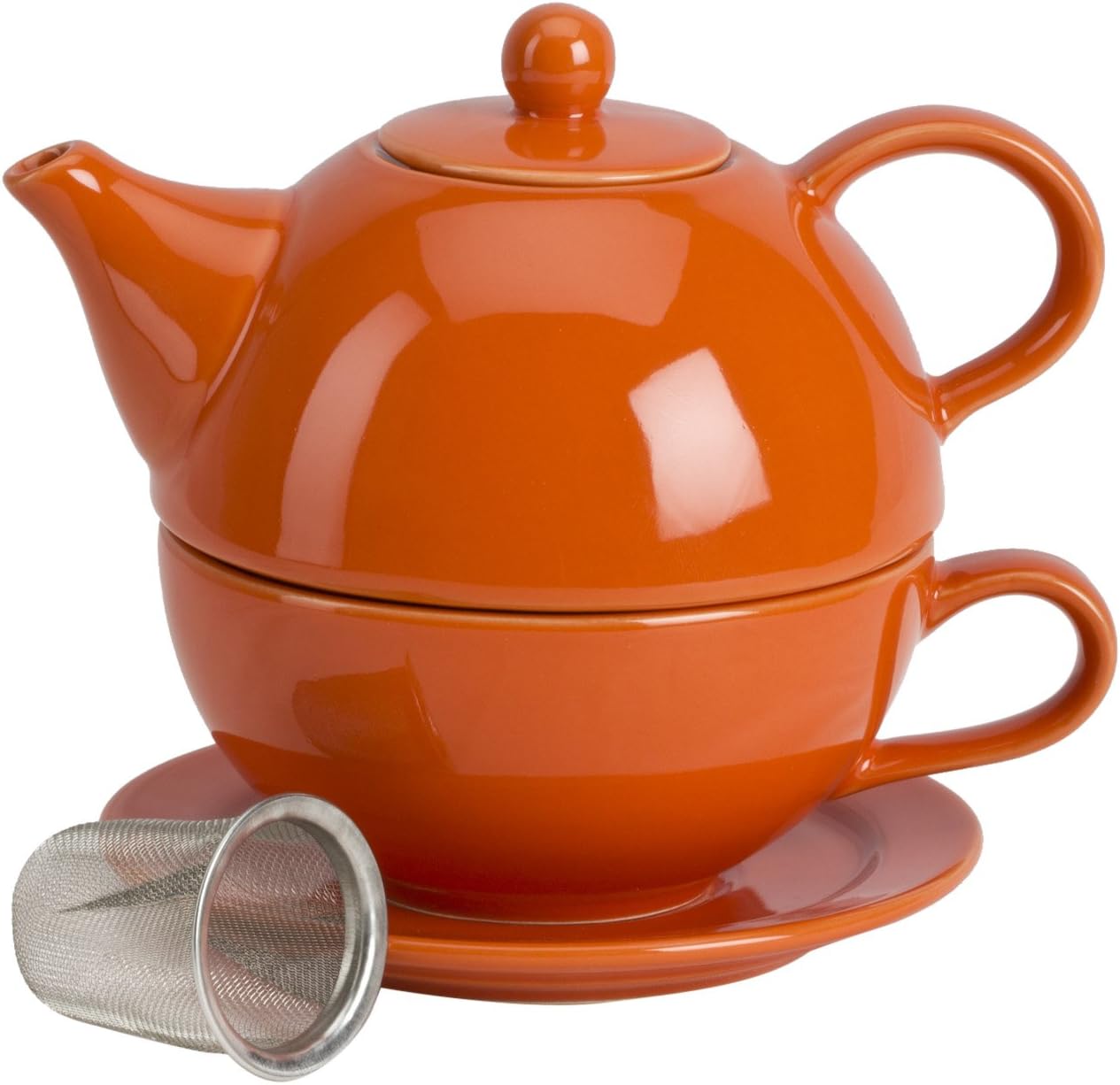 Omniware Teaz Tea for One Set - 10 Oz Teapot, 8 Oz Mug, Saucer, Removable Stainless Steel Infuser - Lead-Free Glaze Stoneware, Drip-Free Spout, Stackable, Dishwasher Safe (Orange)