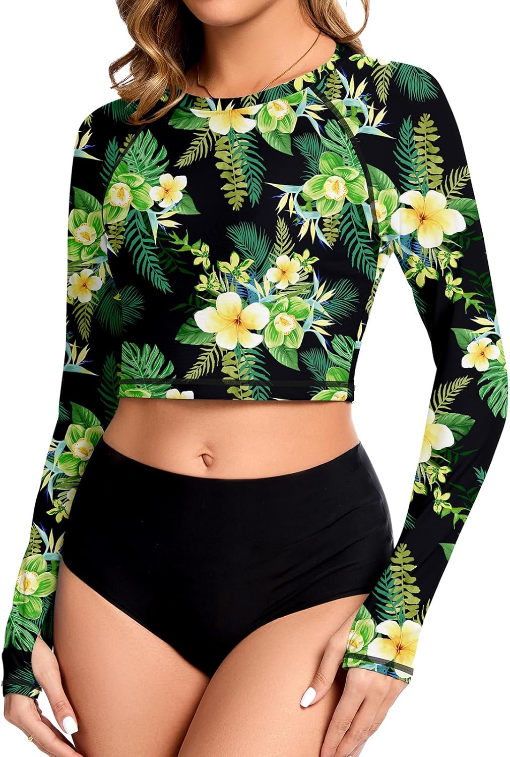 WOWENY Cropped Rash Guard for Women UPF 50+ Long Sleeve Crop Top Swim Shirts UV Sun Protection Bathing Swimsuit Top No Bottom