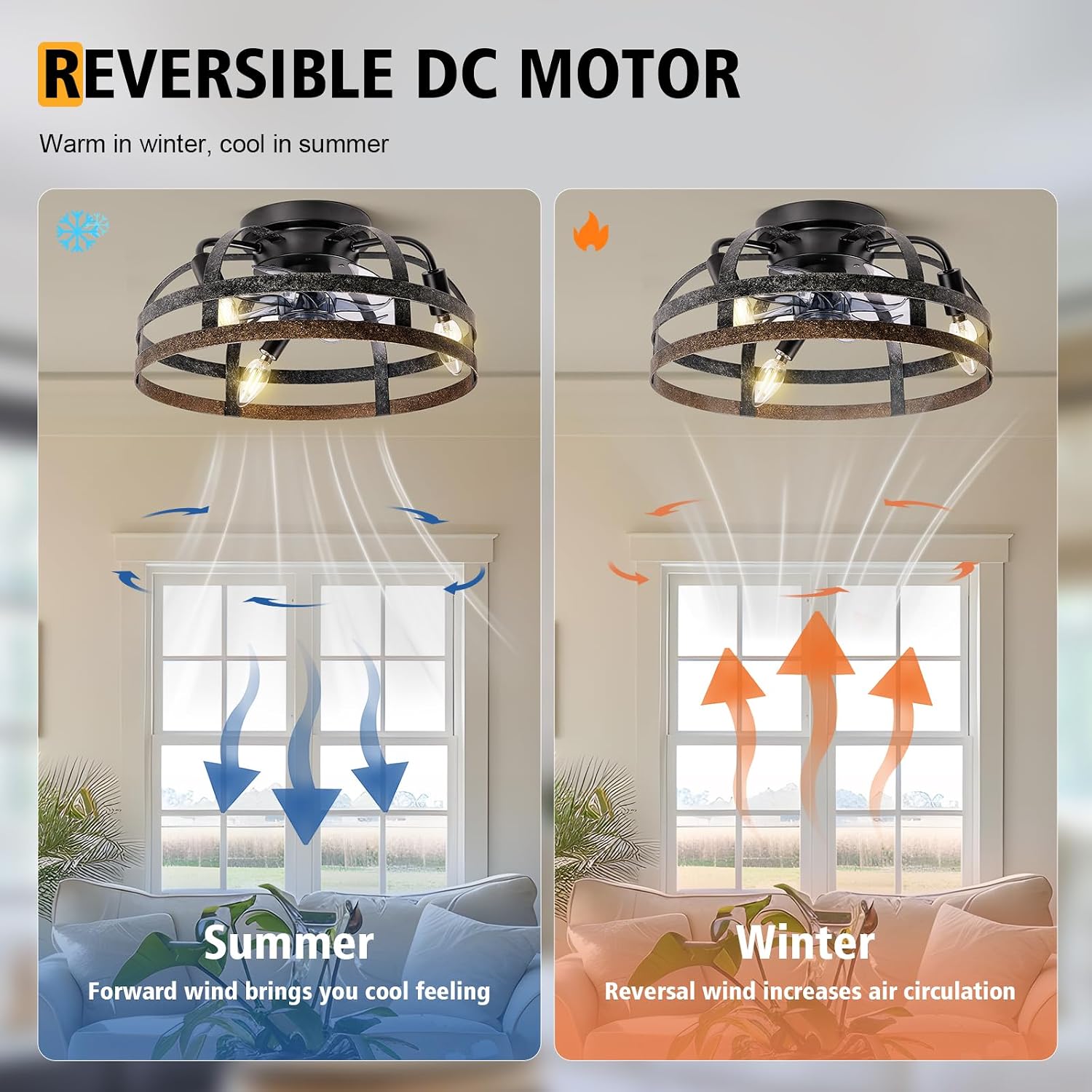 G-SAFAVA 16" Ceiling Fans with Lights and Remote, 6 Wind Speeds 3 Timing Quiet Flush Mount Low Profile Caged Ceiling Fans for Bedroom Living Room Kitchen Farmhouse Small Reversible Ceiling Fan, Black