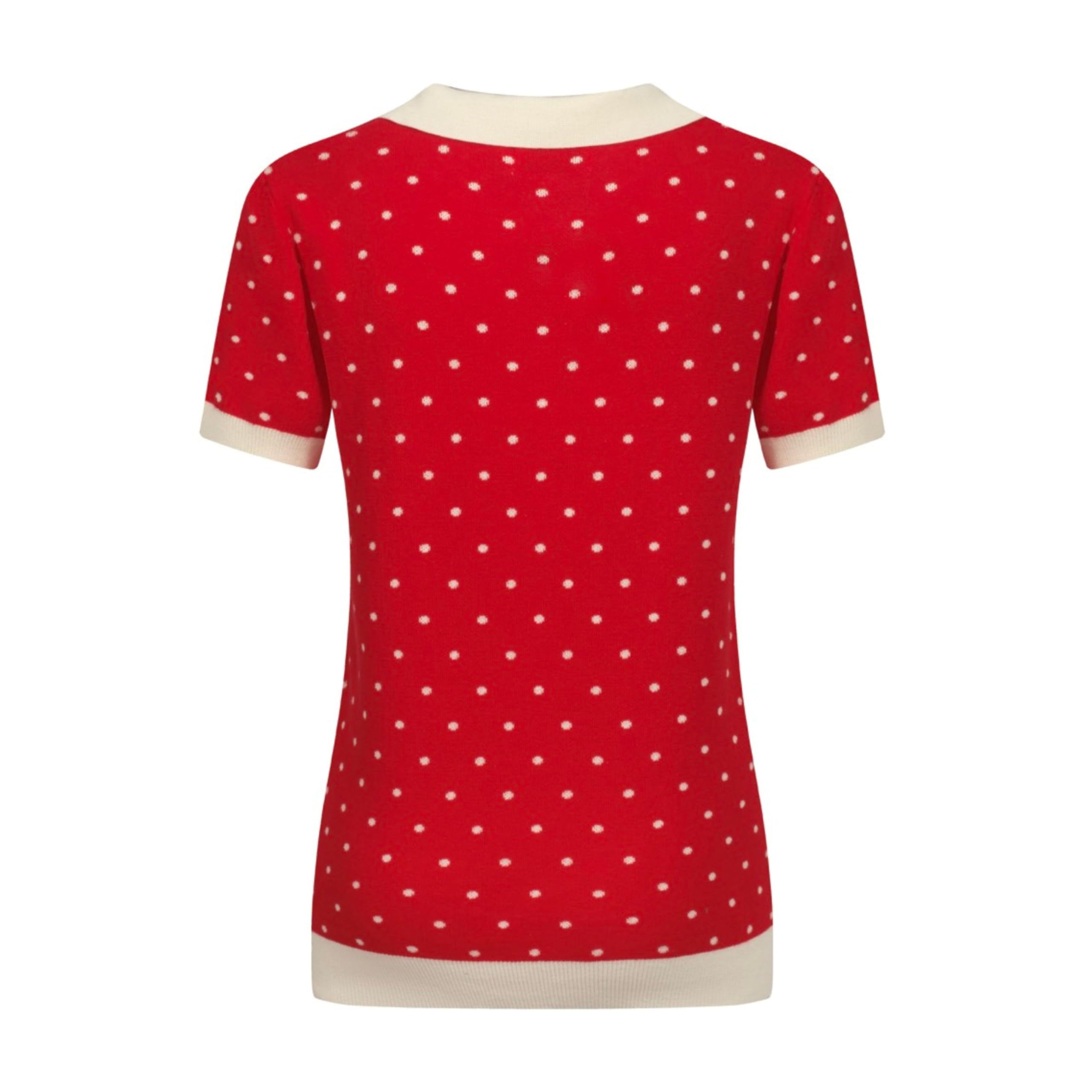OXKNIT Polo à manches courtes pour femme - Vintage - En tricot - Décontracté - Rouge - En coton avec pois blancs