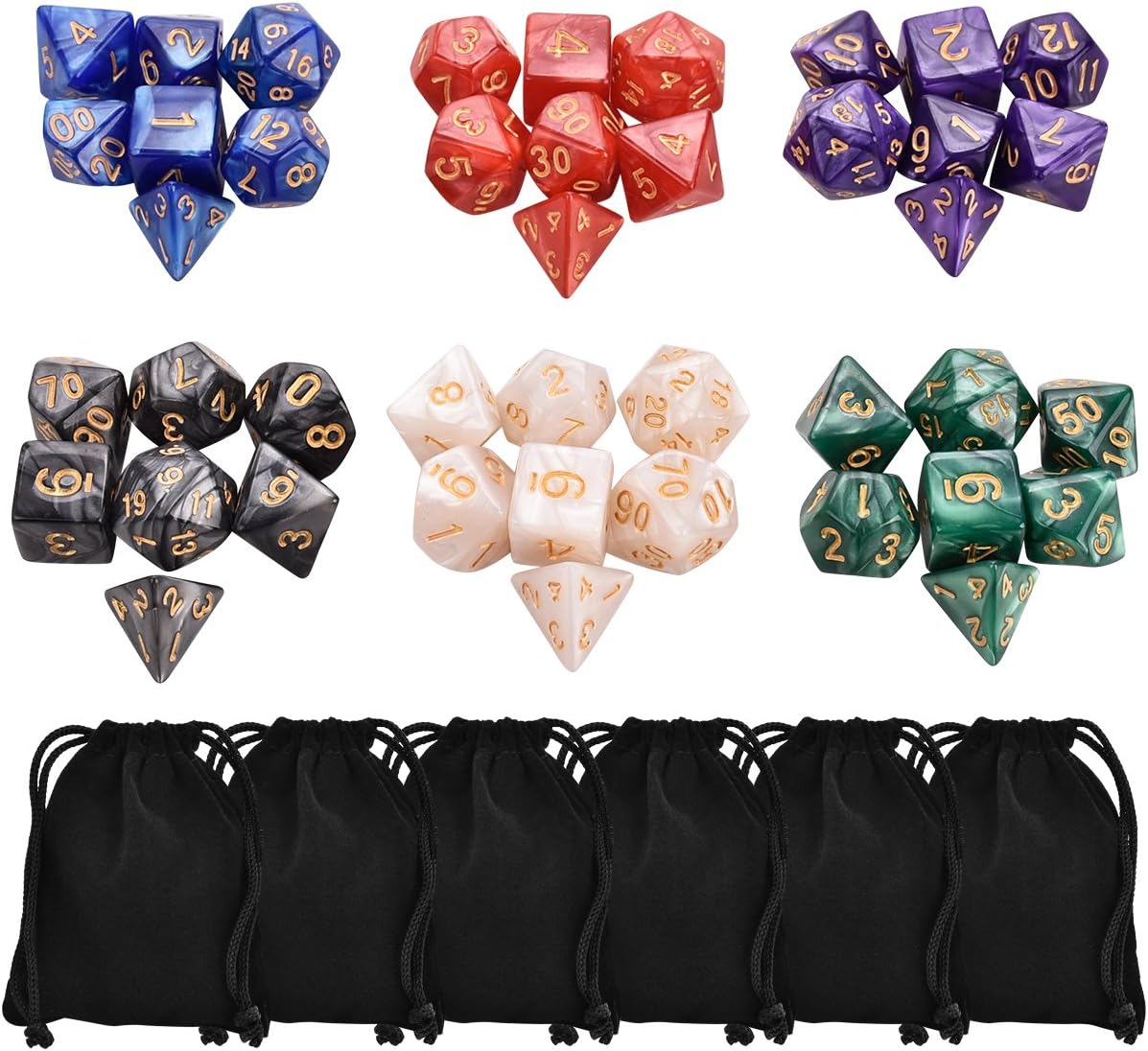 SanGlory 6 x 7 Dice Sets(42 Pieces) Polyhedral Dice with Free Dice Bag for Dungeons and Dragons DND RPG MTG Table Games D4 D8 D10 D12 D20