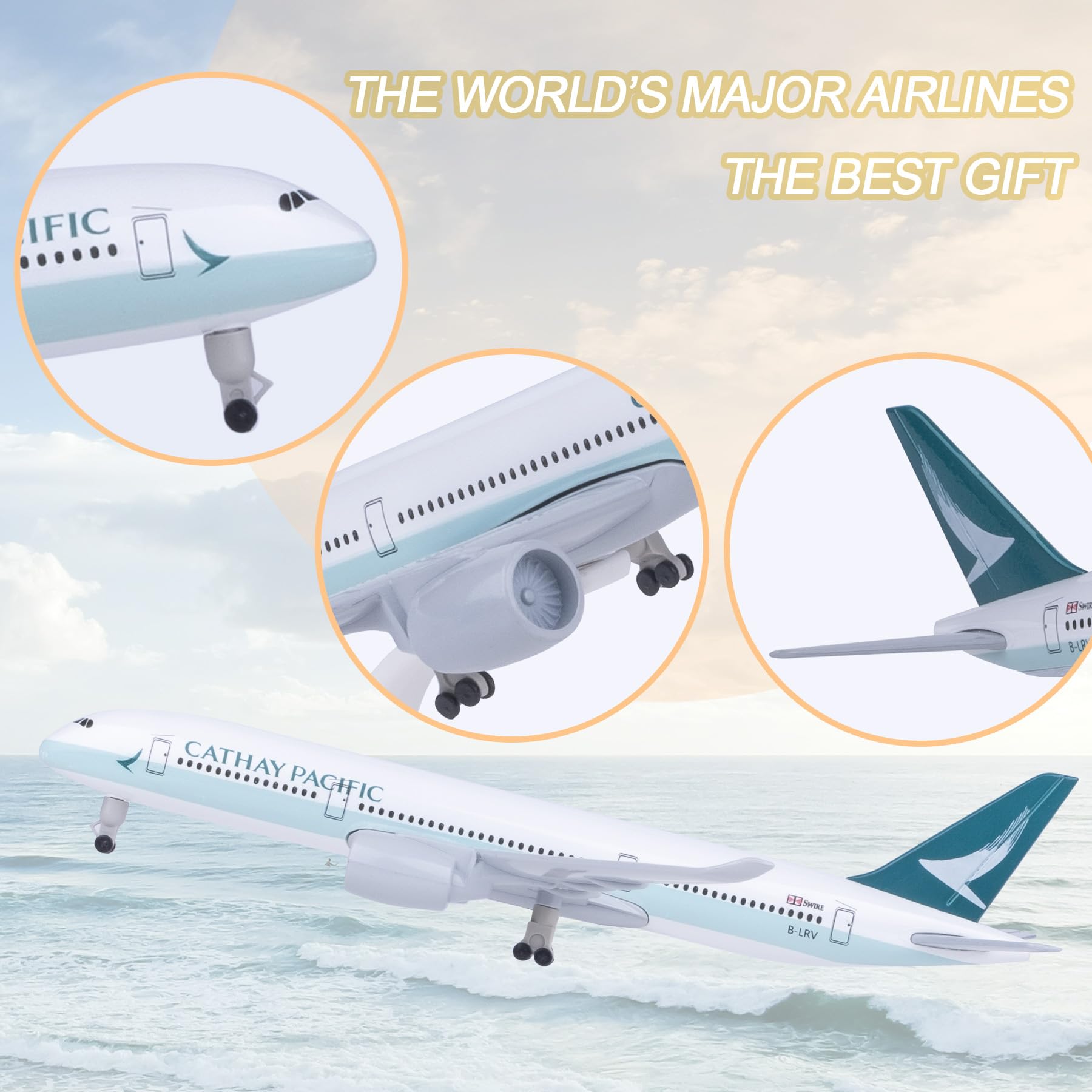Bswath Model Airplane 1:300 Scale Model Plane Cathay Pacific A350 Airplane Model for Gift and Decoration, Turquoise, 16cm x 16cm x 2cm - Image 4