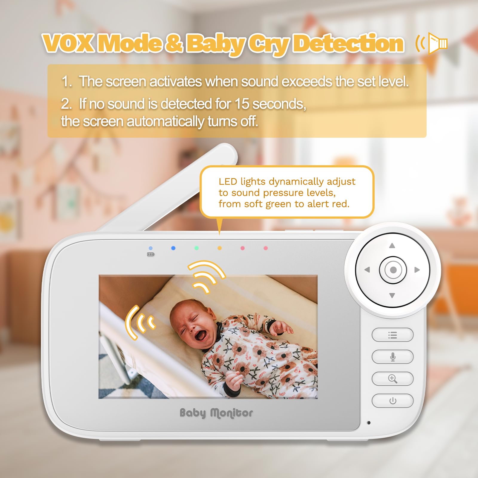 Monitor de video para bebé con cámara, detección de llanto, sensor de temperatura, visión nocturna, pantalla de 4.3 pulgadas, 10 canciones de cuna, alerta de alimentación de bebé, zoom digital