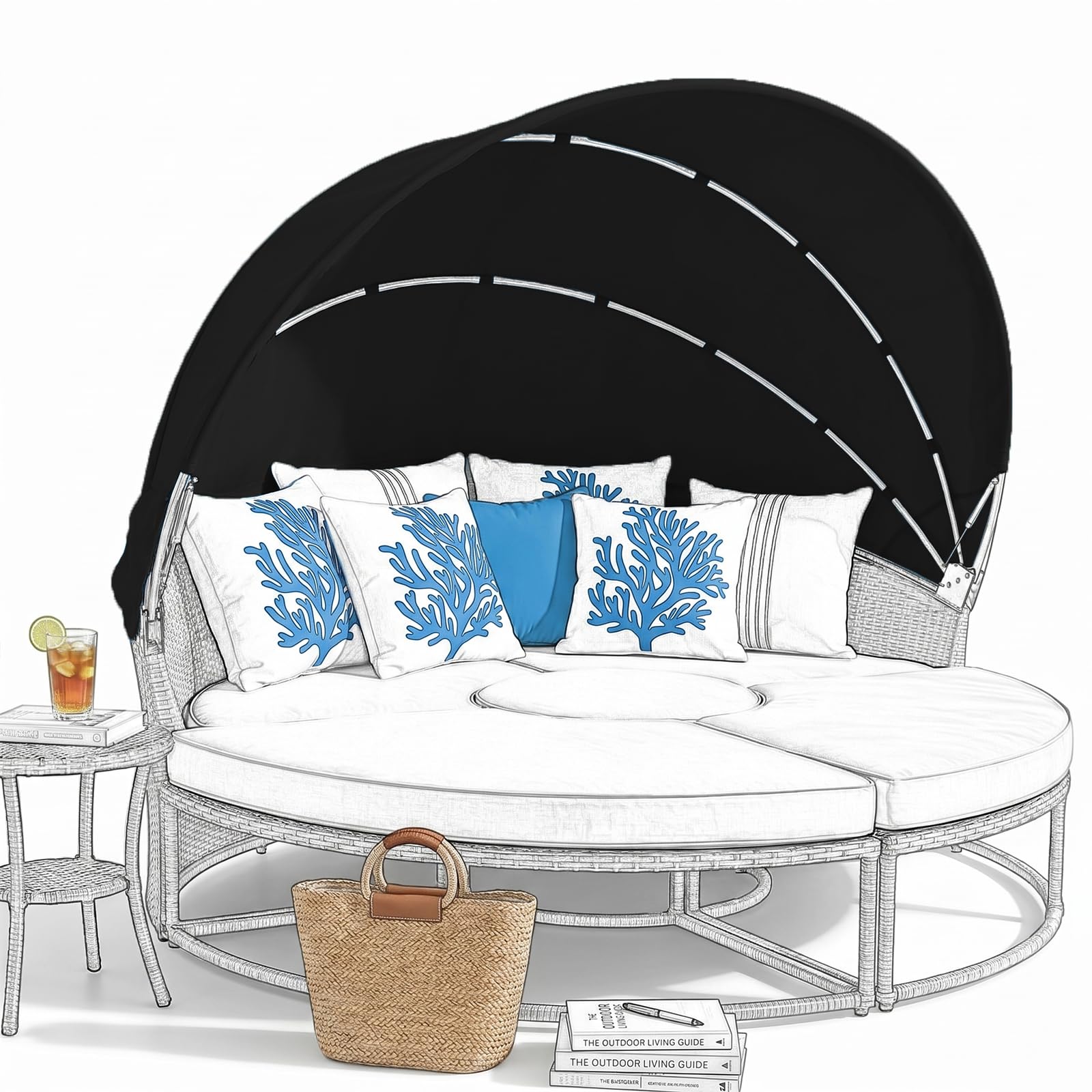 LR68HFT Replacement Canopy for Patio Round Daybed Applicable to Dia 160-180cm, Retractable Top Cover for Outdoor Sunbed, Sun-Resistant and Water-Repellent, Quick Installation (Black, Dia160~180cm)