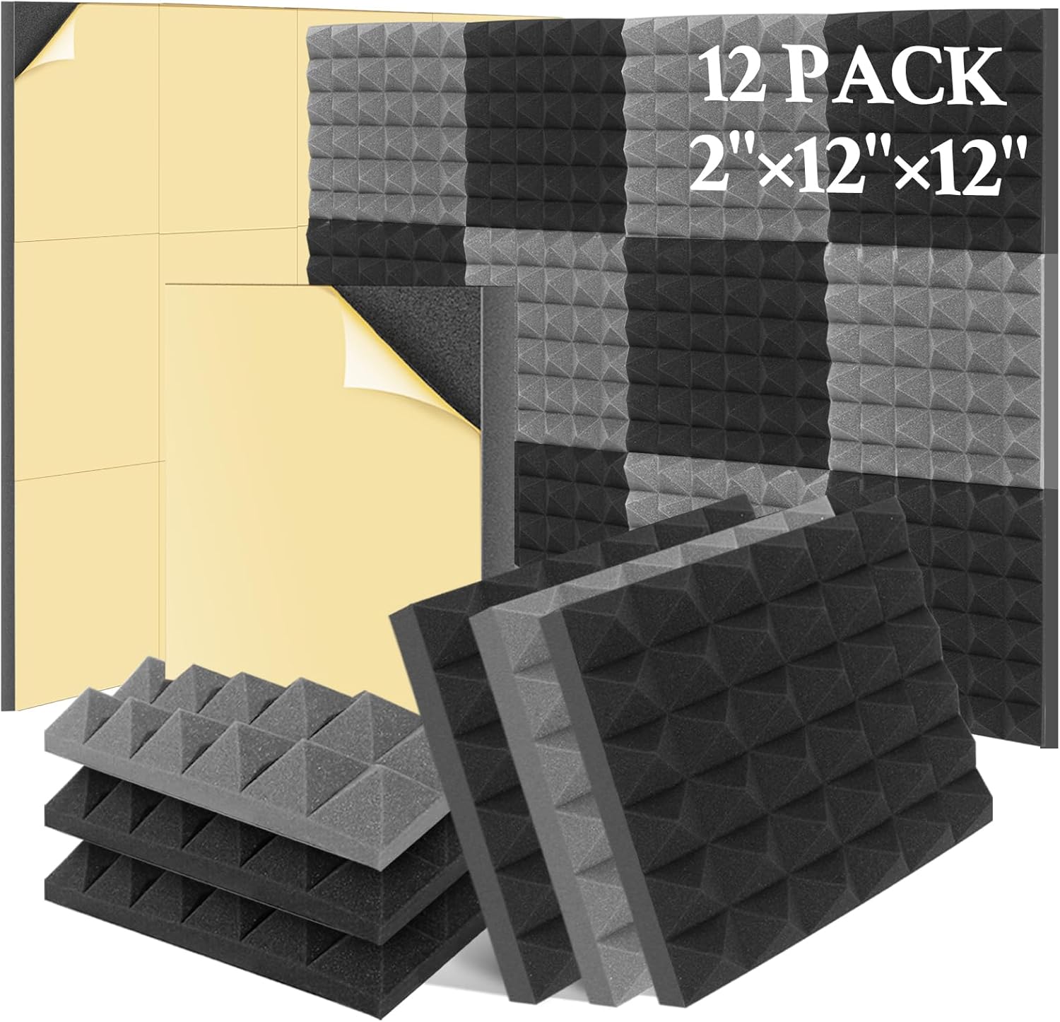 12 Pack 2" x12"x12" Soundproof Wall Panels Self-Adhesive, High Density Pyramid Sound Proof Foam Panels for Walls, Flame Retardant Acoutic Panels, 6Pcs Black & 6Pcs Grey Acoustic Foam