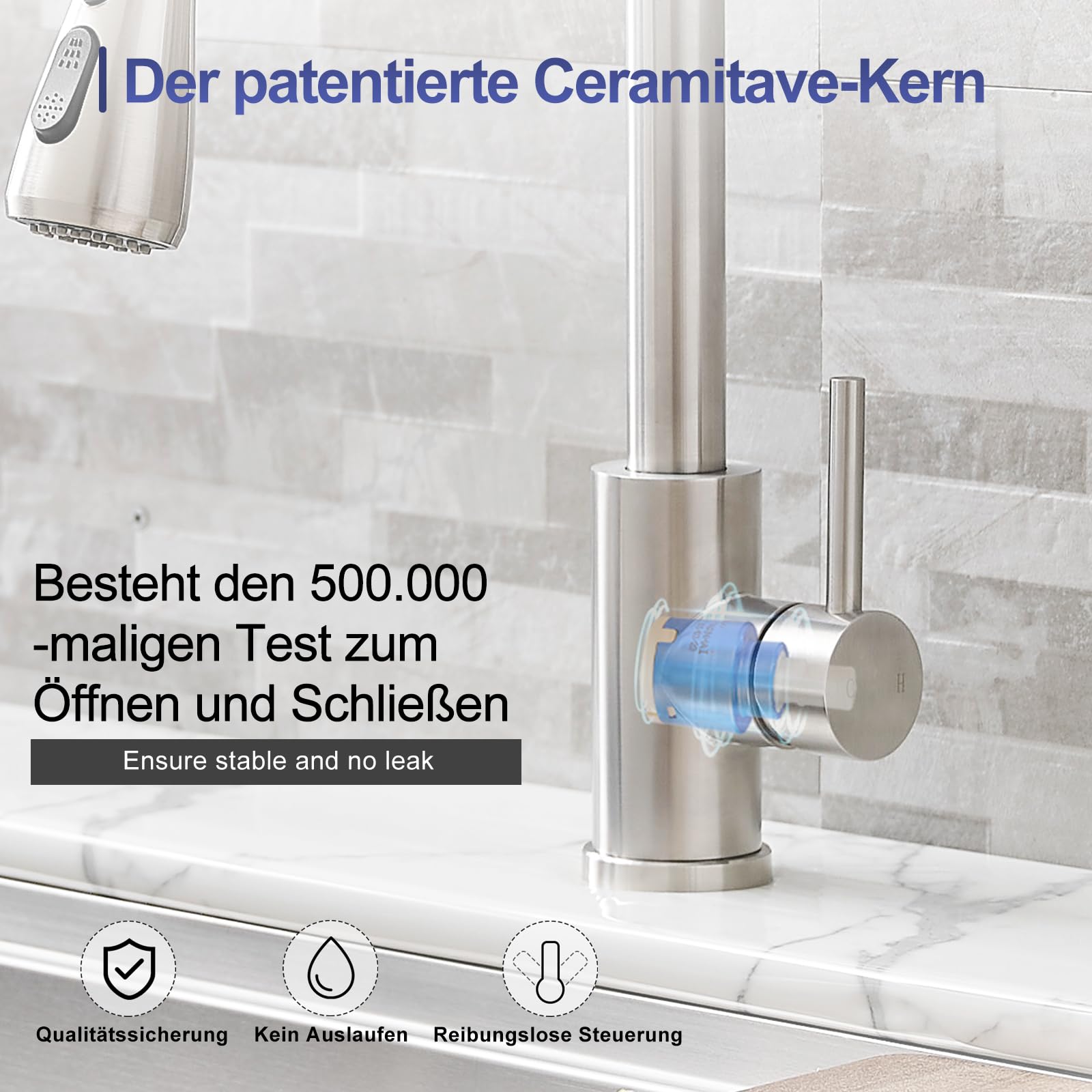 GENBONS Wasserhahn Küche, Edelstahl, Hochdruck Küchenarmatur mit Herausziehbarer Brause Ausziehbar Armatur, Mischbatterie Spültischarmatur, 360° Schwenkbar Zwei Sprühfunktionen