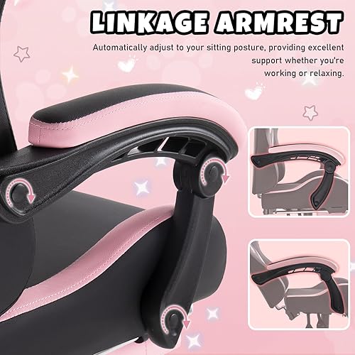 Miniatura 7 de Silla de juegos negra con orejas de gato y cojín lumbar de pata de gato, bonita silla ergonómica de escritorio para computadora con reposapiés y