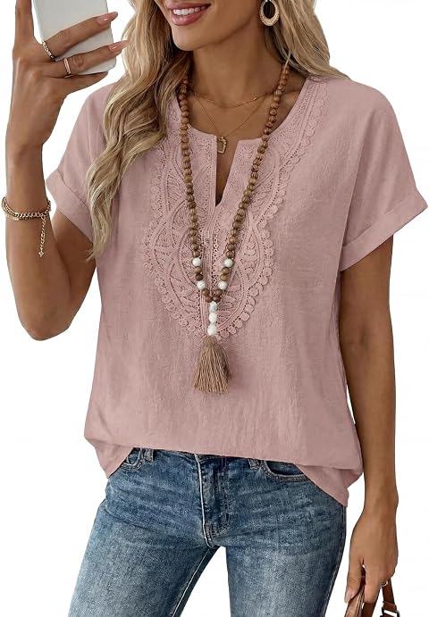 EVALESS Womens Tops Summer Spring 2026 Trendy Going Out Crochet Boho Tops | Dressy V Neck Short Sleeve Basic T Shirts,Fashion Work Business Casual,Cute Lace Loose Blouses,Beach Vacation Outfits Clothes