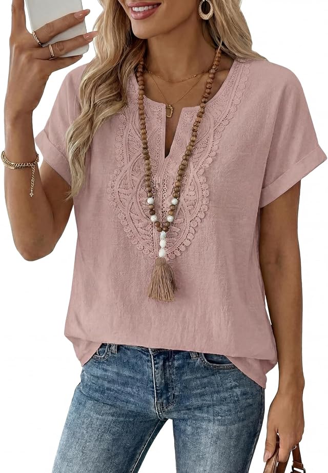 EVALESS Womens Tops Summer Spring 2026 Trendy Going Out Crochet Boho Tops | Dressy V Neck Short Sleeve Basic T Shirts,Fashion Work Business Casual,Cute Lace Loose Blouses,Beach Vacation Outfits Clothes