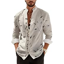 Mens Japanese Graphic Shirt Long Sleeve Banded Collar Button Down Shirts Fashion Casual Loose Beach Henley Tees