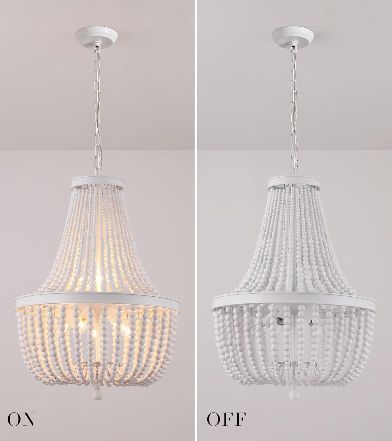 Q&S Beaded Chandelier Farmhouse White Wood Beaded Boho Light Fixture Vintage Antique 8 Lights for Dining Room Nursery Kitchen Foyer Bedroom Living Room UL Listed