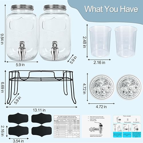 Miniatura 6 de Paquete de 2 dispensadores de detergente para ropa de vidrio de 1.25 galones con grifos, vertido sin esfuerzo, tapa de rosca, soporte, alfombrillas