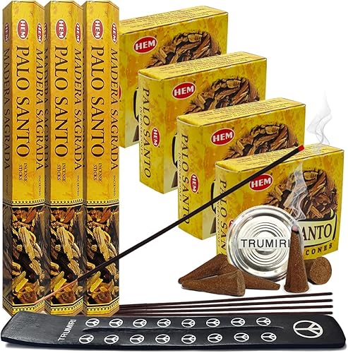 Palo Santo - Varillas de incienso y conos variados con soporte para quemador de Hem Inciense Trumiri para manchas y aroma