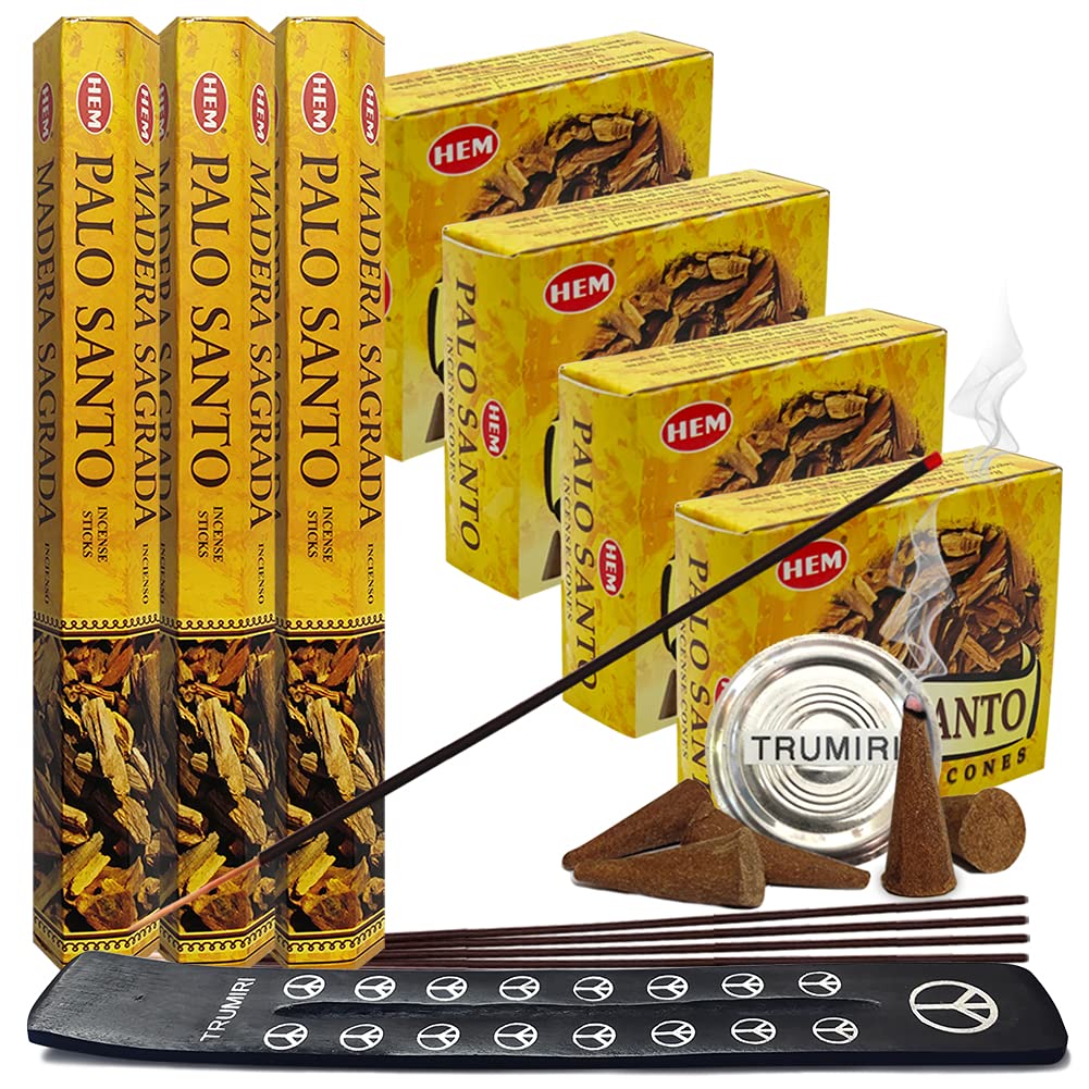 Palo Santo Incense Sticks and Cones Variety Pack with Burner Holder Bundle from Hem Incense Trumiri for Smudging and Aroma