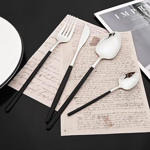 Miniatura 3 de JASHII Juego de cubiertos de acero inoxidable 1810, para 6 personas, color negro y plateado, pulido con espejo, mango delgado, apto para lavavajillas