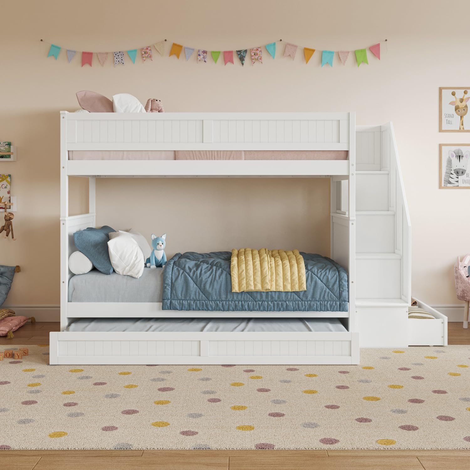 HomeStock Staircase Bunk Bed with Twin Trundle & Storage Drawer White/Twin Over Twin