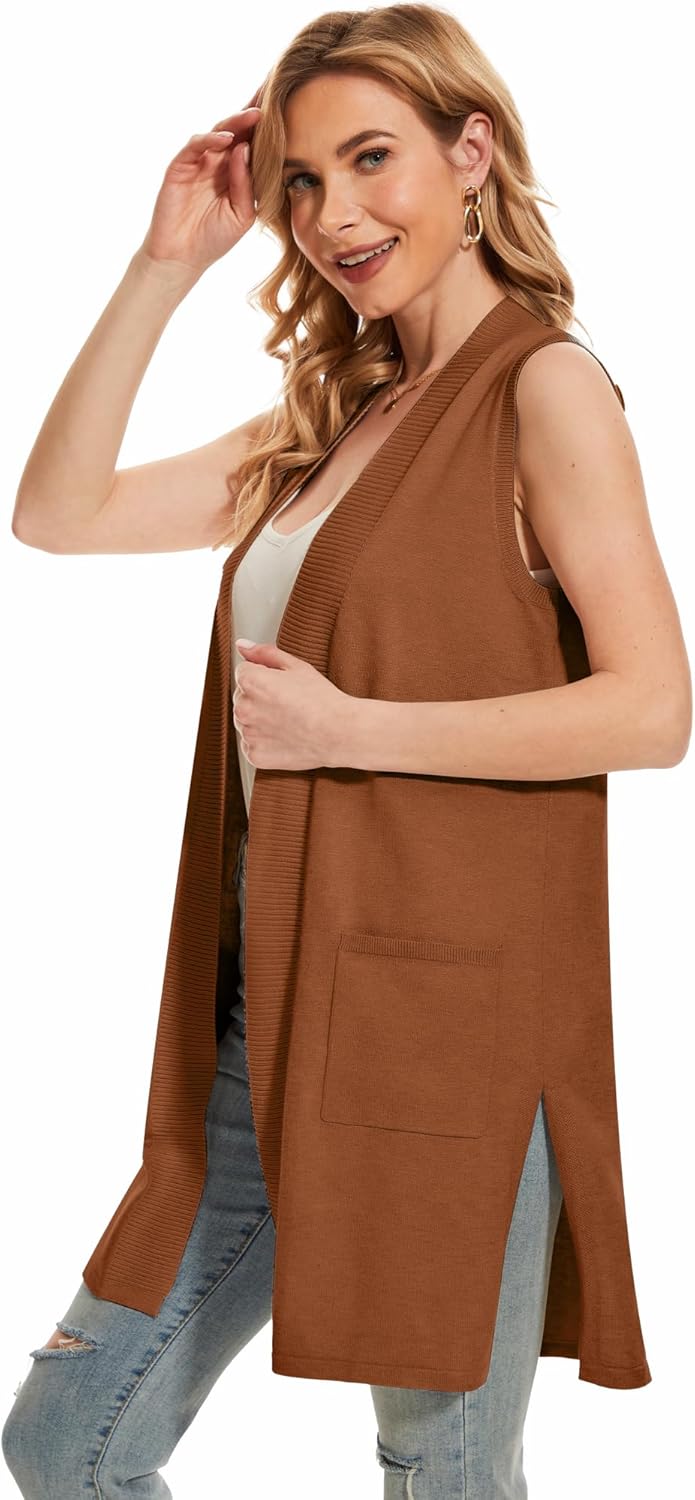 Moss Rose Long Vest for Women Sleeveless Lightweight Open Front Cardigans Ribbed Knit Outwear with Pockets - Image 3