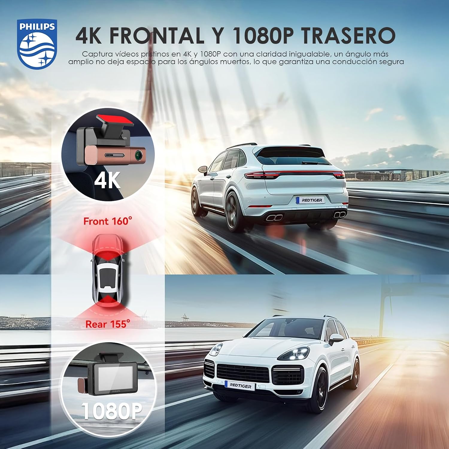 Philips CVR608 Dashcam showing 4K front and 1080P rear camera views