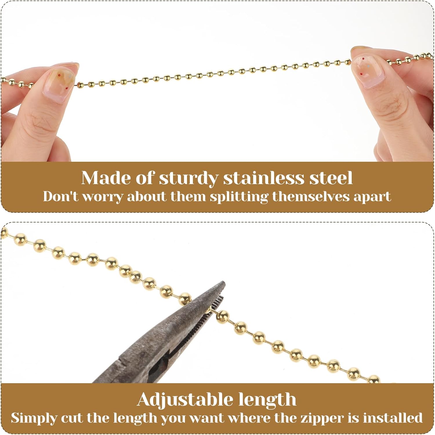 Hariendny 3 Pack Pull Chain String Extension Gold Ceiling Fan Pull Chain Stainless Steel Switch Chain Extender Beaded Ball Light Pulls Extension Chains with Connector(1 Meter Length)