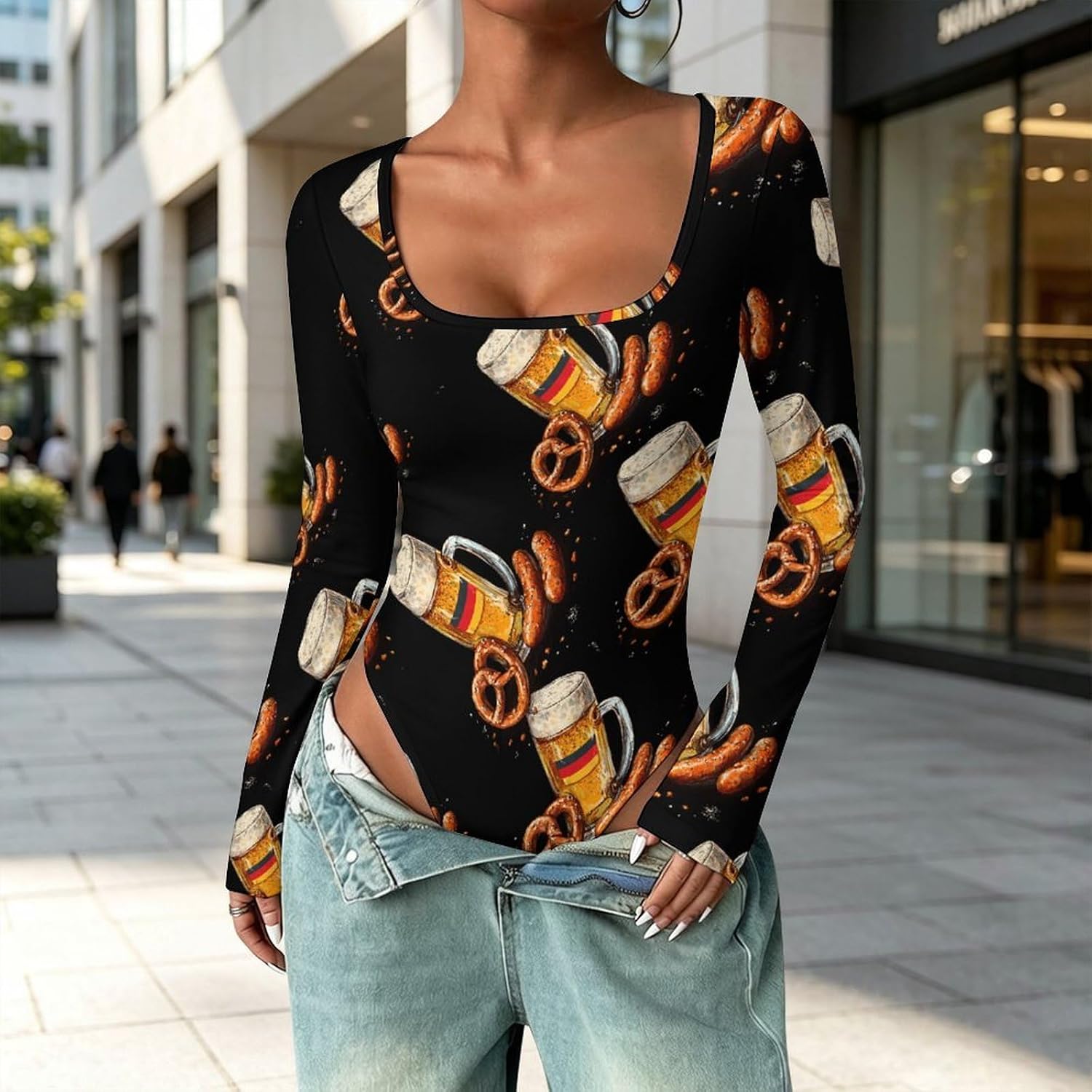 German Beer Pretzel Sausage Women's Bodysuits Long Sleeve Top 5XL