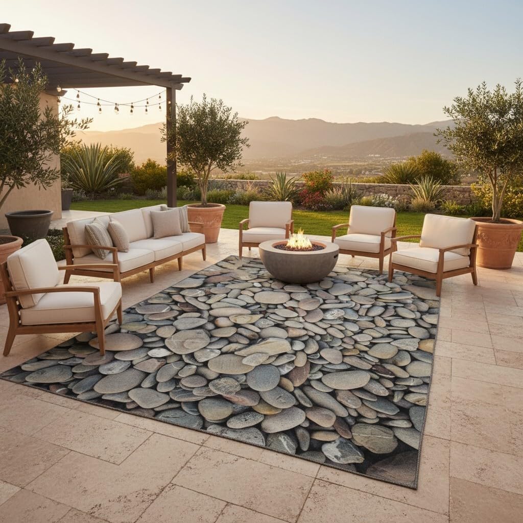 Modern Simulation Natural Cobblestones Pattern Waterproof Thin Farmhouse Outdoor Rug 2x3 Washable No Shedding Cozy Floor Mat for Patio Pool Deck Balcony Backyard Porch Balcony Decor Carpet