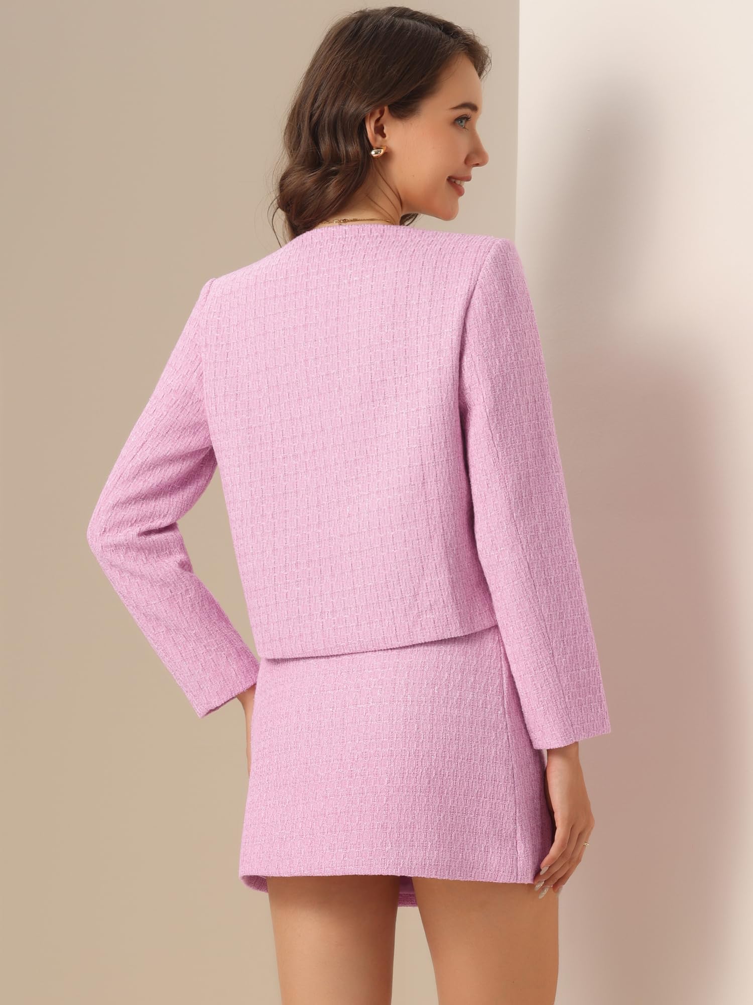 Allegra K Damen Tweed Blazer Set Elegante Arbeit 2-teiliger Blazer Rock Anzug