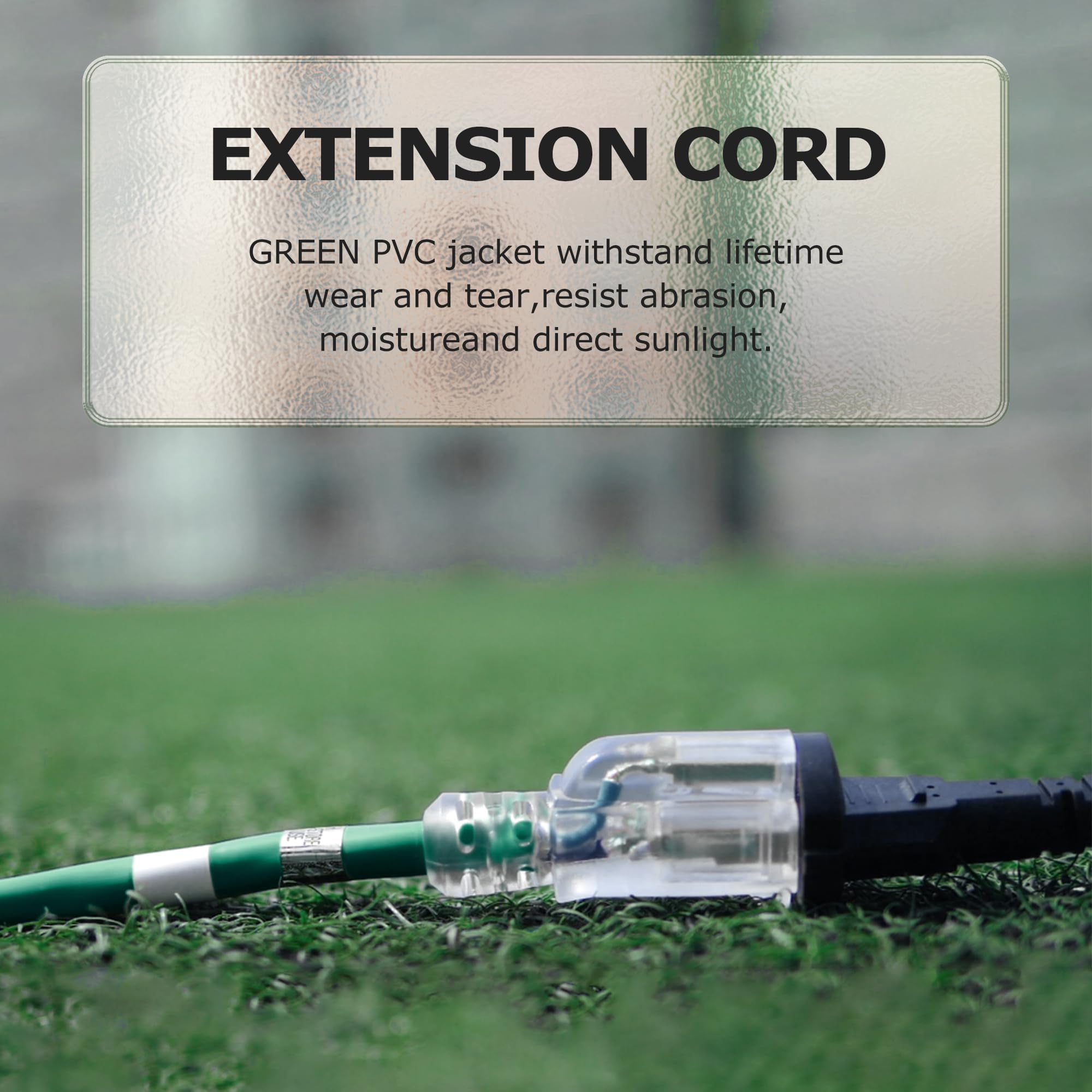 YOJOE - Cable de extensión verde iluminado para exteriores de 15 pies, cable de extensión SJTW de 16/3 con enchufe de tierra de 3 clavijas, cable de extensión de calibre 16 para jardín, césped,