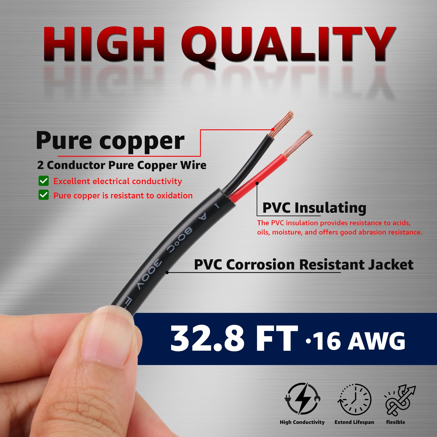 16 Gauge Ledvillage 2 Conductor Electrical Wire 32.8FT/10M - 16AWG Electrical Wire Stranded PVC Cord Oxygen-Free Copper Cable Low Voltage for LED Strips Lamps Lighting Automotive