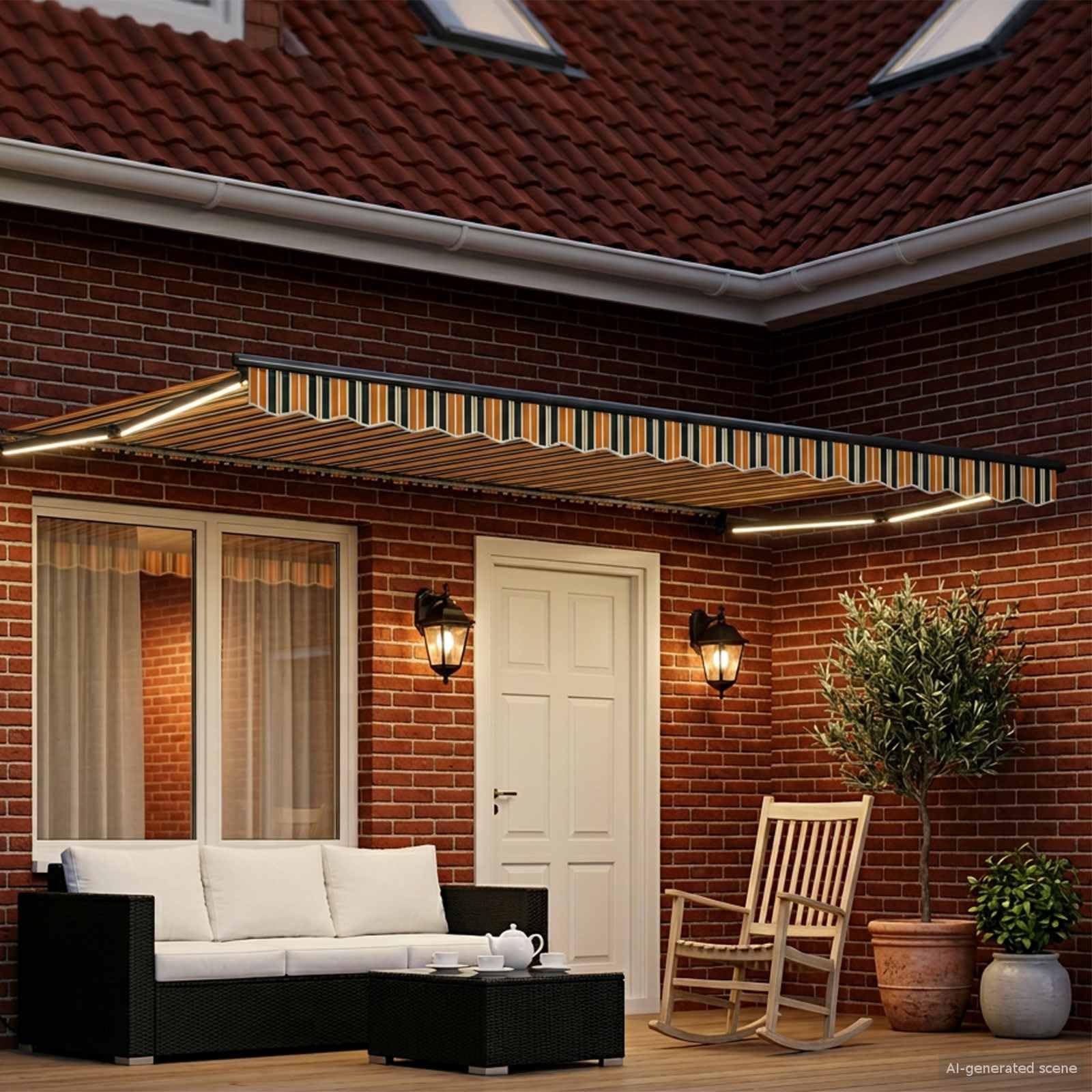 Toldo eléctrico extensible verde y amarillo 5 x 3 m con iluminación LED y sensor meteorológico, marco de aluminio, resistente a la intemperie, protección solar, cortavientos para jardín