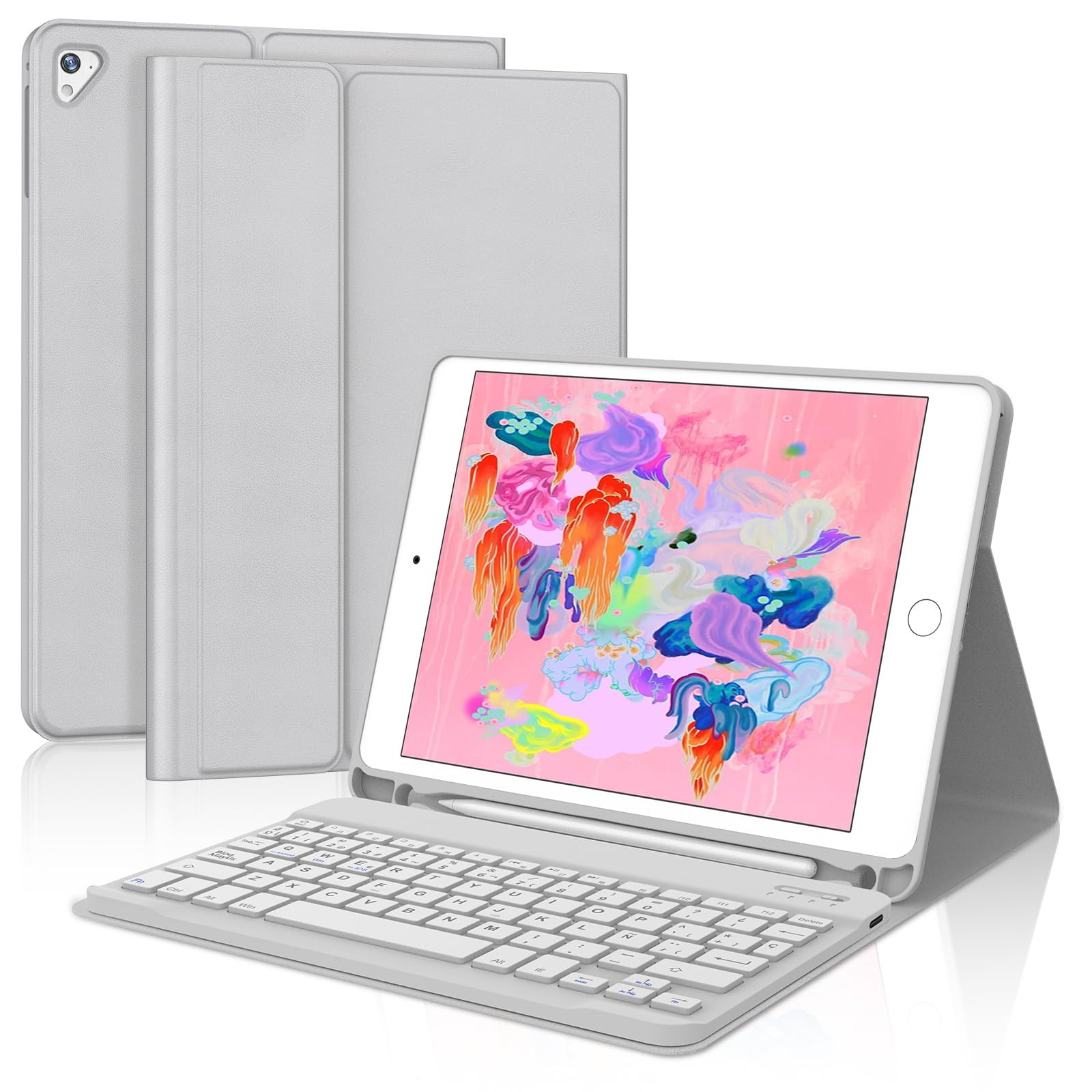 Teclado para iPad 5 Gen 9.7 y Pro 9.7 funda bluetooth QWERTY español gris Ñ 8