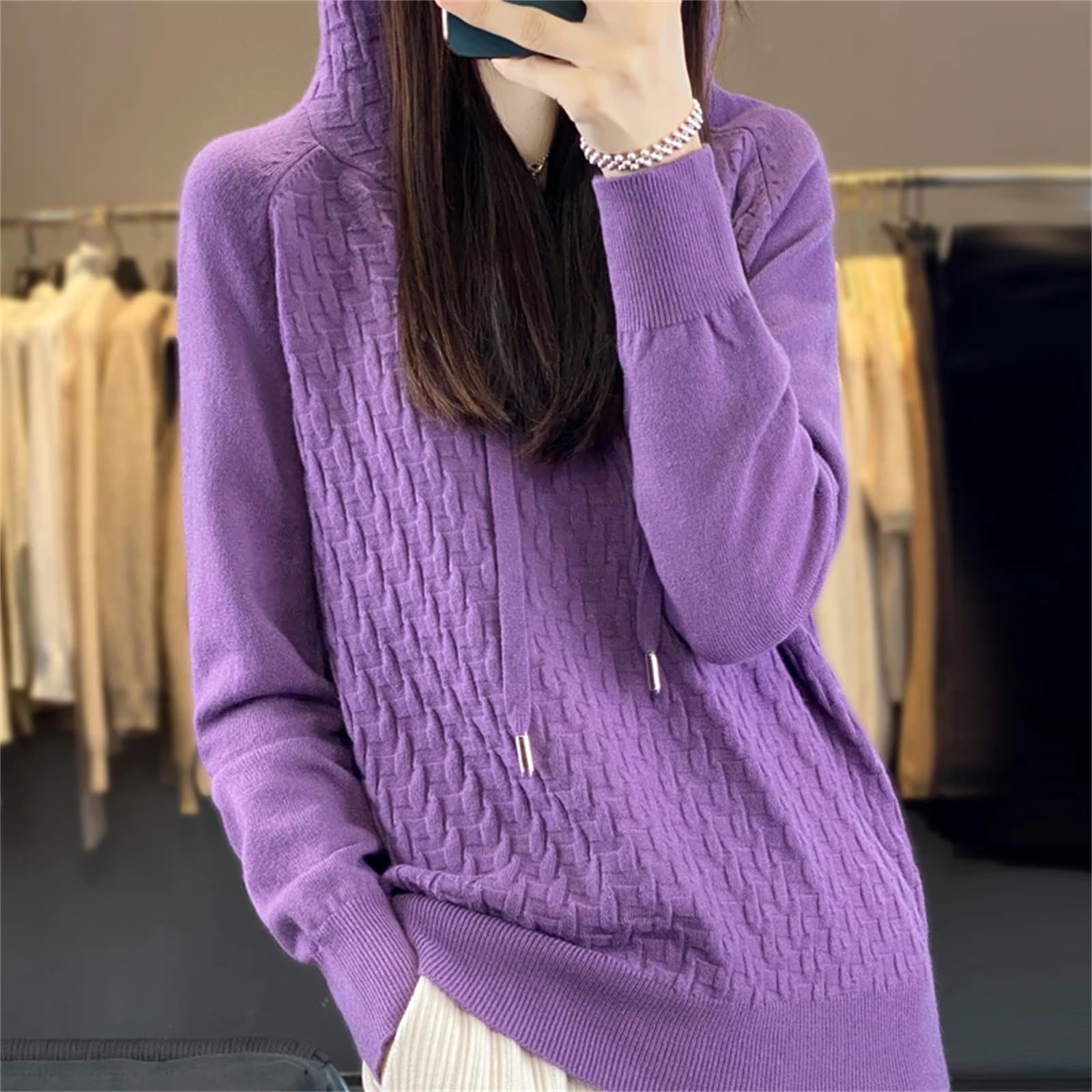 Yeuyyben Maglione da donna in misto lana Outwear camicia con cappuccio colletto pullover invernale fondo casual maglia top, Marrone e grigio., L