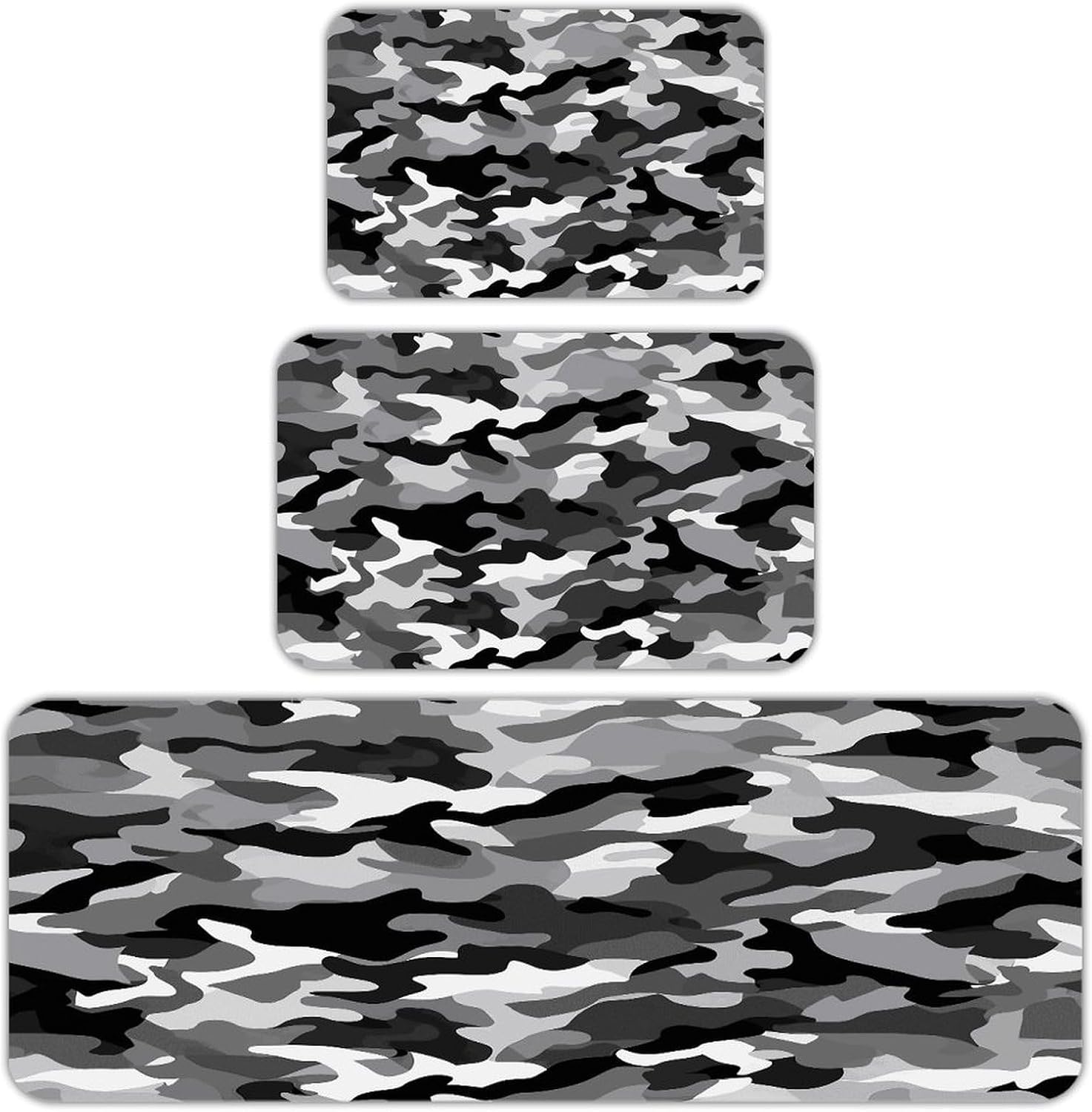 Black Grey White Camo 3-Piece Kitchen Rug Indoor Door Mat | Non-Slip Kitchen Mat for Profile Absorbent, Moisture-Wicking and Breathable for Bathroom Laundry Room Bedroom Home Decor