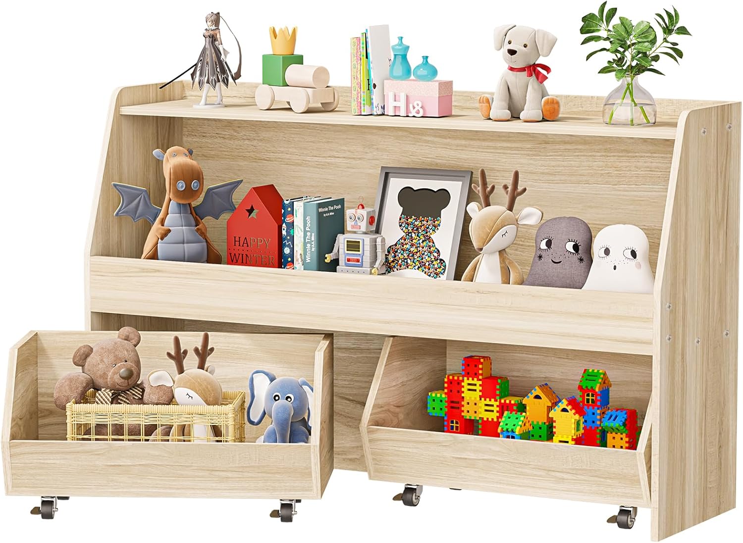 COZPAW Toy Storage Organizer, 2 Tier Montessori Shelf with Movable Bins (Wood)