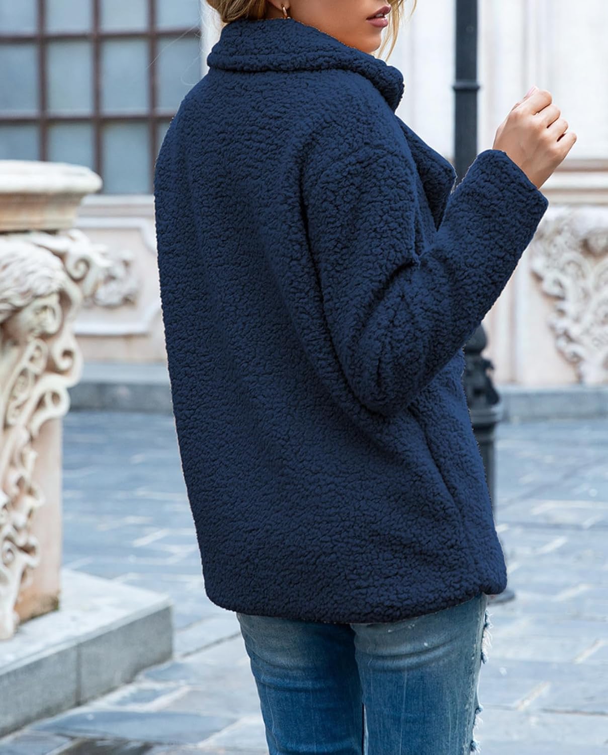 Women's Winter Warm Plush Cardigan Fuzzy Fleece Lapel Jacket with Buttons Pockets Long Sleeve Casual Outerwear - Image 6