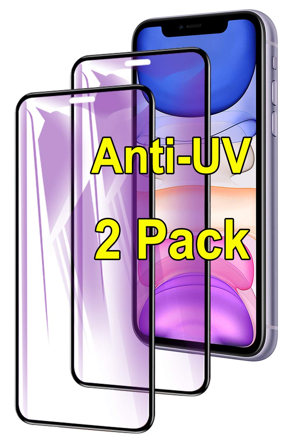 Anti UV 2 Pcs iPhone11 Screen Protector Compatible with Apple iPhone 11 Tempered Glass i Phone Phone11 11iPhone lphone IP Full Coverage 9H Protective Film 6.1 Inch (Black)