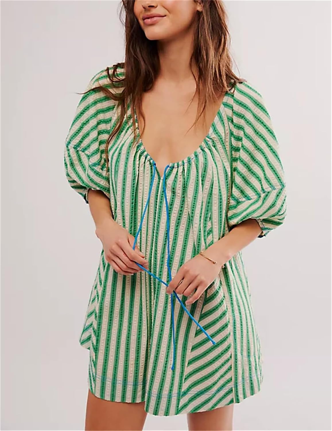Womens V Neck Beach Romper Striped Drawstring Puff Sleeve Oversized Deep V Casual Loose Jumpsuit Mini Shorts Summer