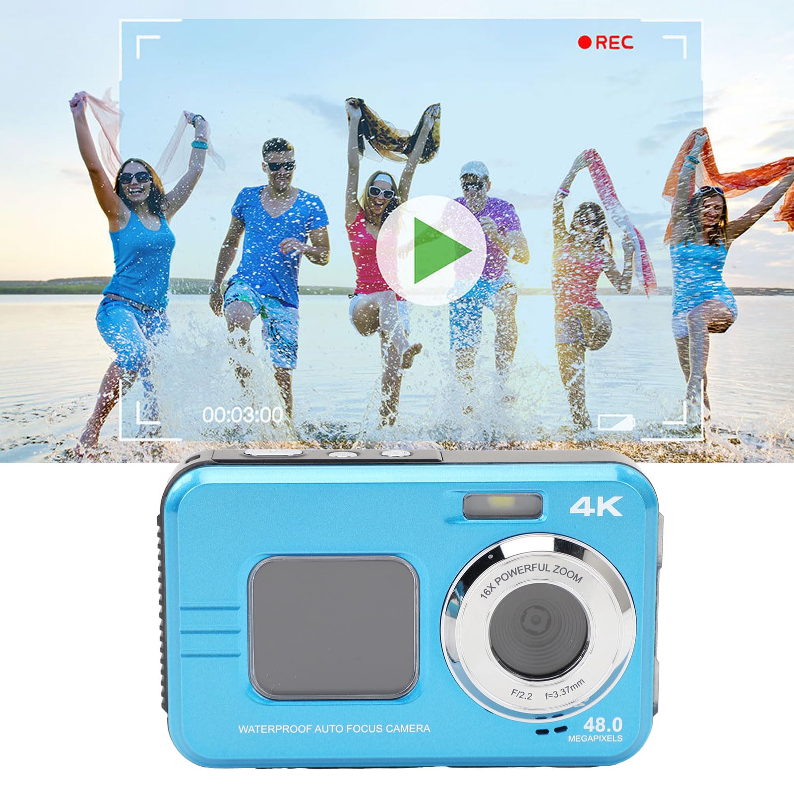 Kamera Podwodna, Aparat Cyfrowy 4K 48MP HD z Autofokusem i Podwójnym Ekranem, Wodoodporny Aparat do Selfie o Głębokości 11 Stóp do Snorkelingu na świeżym Powietrzu (BLUE)